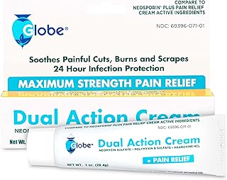 Globe Triple Antibiotic Cream with Neomycin, Polymyxin B, Pramoxine, Soothes Painful Cuts, Burns and Scrapes, 24 Hour Infection Protection (1 Tube)