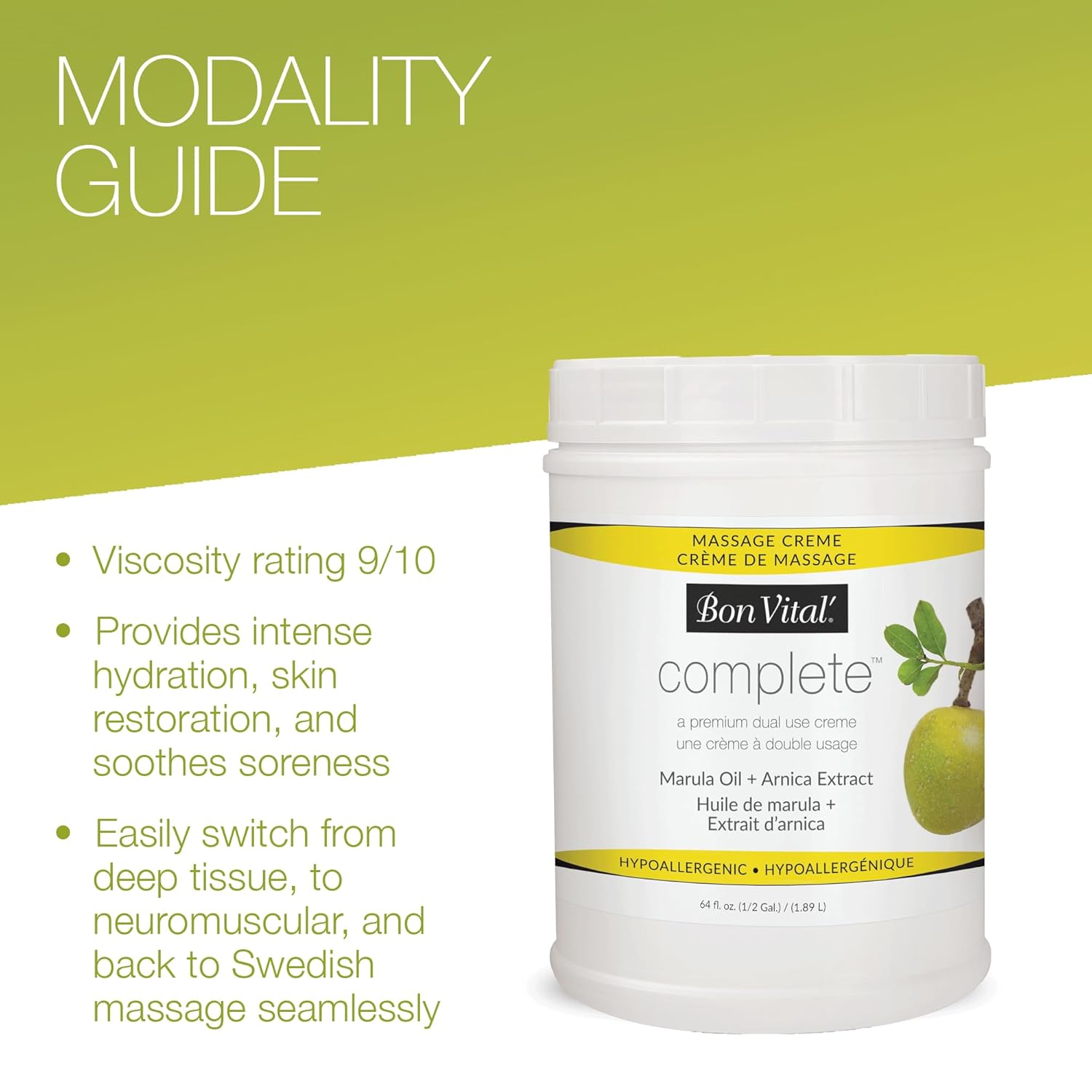 Bon Vital Complete Massage Creme, 1/2-Gallon, Unscented Non-Greasy Cream with Marula, Olive & Jojoba Oils, Hypoallergenic Moisturizer for Professional & Home Use, Premium Dual-Purpose, Massage Therapy