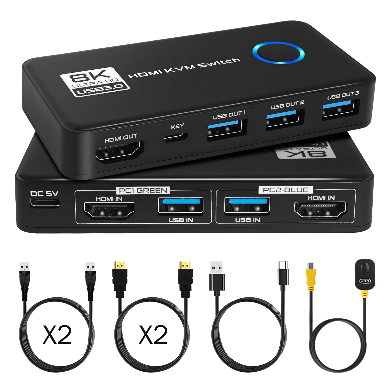 TCNEWCL 8K@60Hz Commutateur KVM HDMI USB 3.0 2 PC 1 moniteur 4K @ 120 Hz, 2 ports Commutateur KVM, prend en charge HDR, Dolby Audio, 3D, HDCP2.3, avec câble HDMI 2.1 et USB 3.0