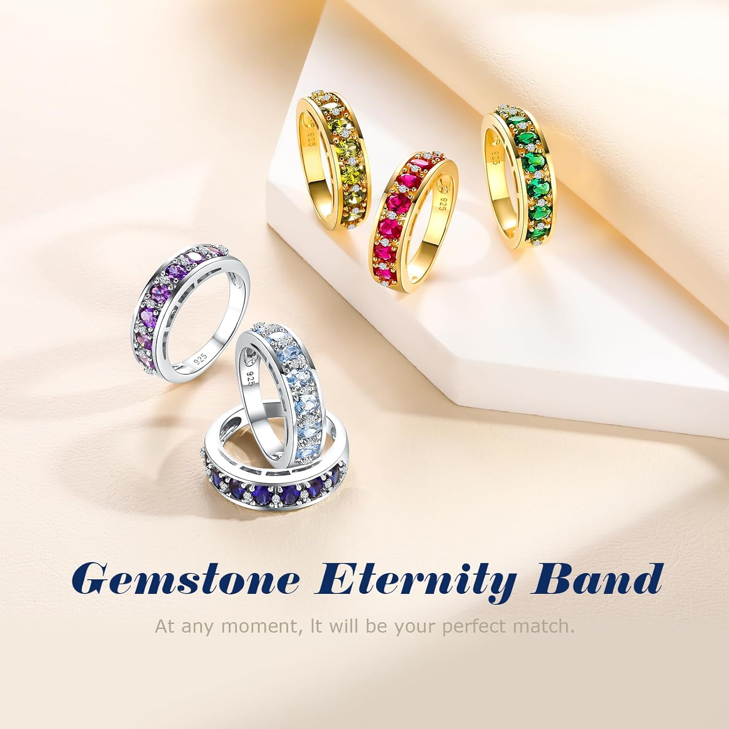 Channel Set Gemstone Wedding Band 5.8mm Thick Chunky Amethyst Emerald Ruby Sapphire Ring 2 Carat Oval Cut 925 Sterling Silver 7 Stones Anniversary Band Rings for Men Women - Image 8