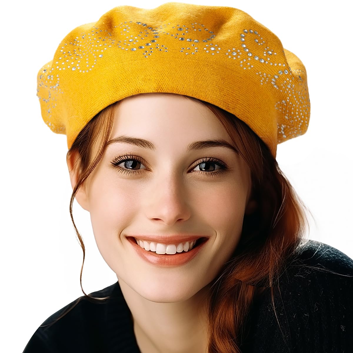 LADYBRO Rhinestone Beret Hats for Women 2 Layers Wool French Knit Cap Lady Winter Black