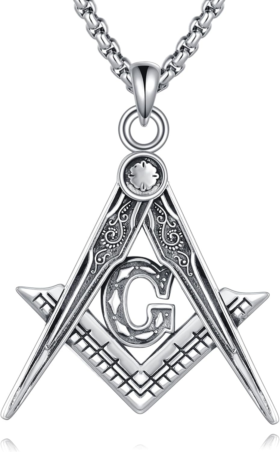 URONE Masonic Necklace 925 Sterling Silver Evil Eye Necklace Free and Accepted Masons Pendant Freemason Compass Symbol Jewelry for Men Women