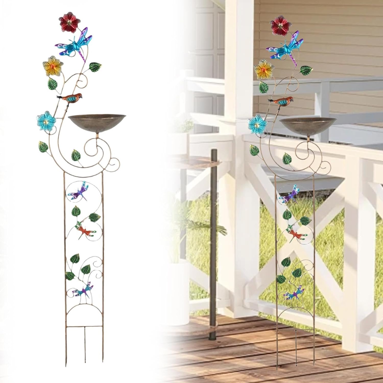 Bird Bath with Garden Trellis Garden Plant Support Iron Versatile Garden Feeding Bowl Flower Pot Freestanding Easy Installation, Dragonfly