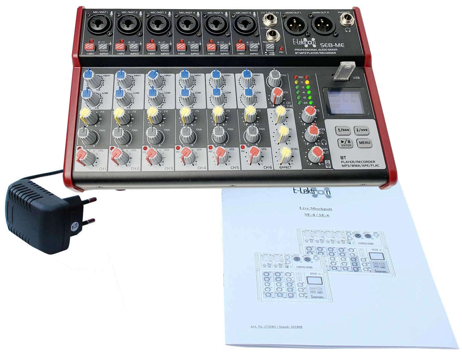E-Lektron Live Mischpult Mixer + Stereo USB/Bluetooth/Soundkarte, inkl. Phantom (SE-8-6-Kanal + Stereo)