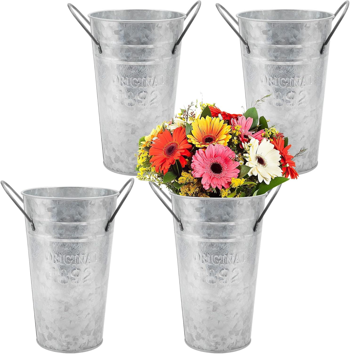 MANCHAP 4 Pack 7.8 Inch Galvanized Metal Vase, Small Galvanized Metal Bucket Vintage Farmhouse Bucket