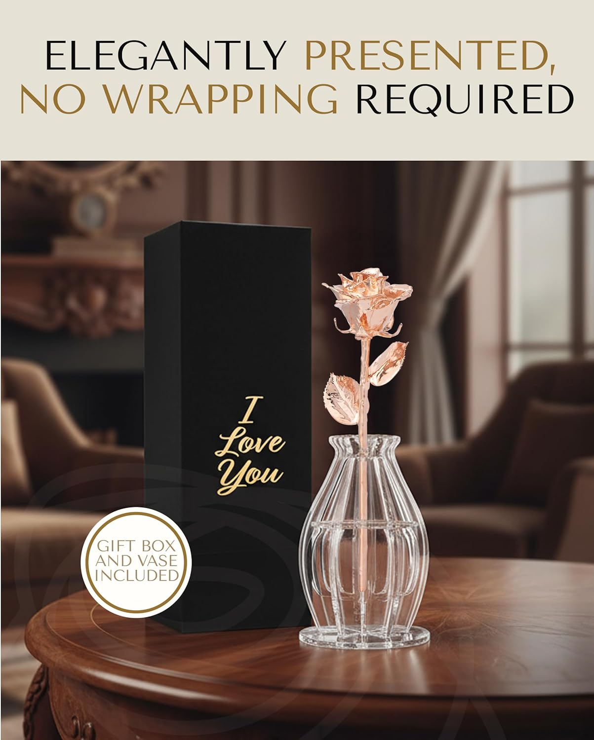 Forever Rose Bloom Box & Phantom Vase Combo, Rose Gold Dipped Rose in a Personalized Gift Box That Says I Love You Embossed in Gold Foil, Unique & Everlasting Gift for Any Occasion