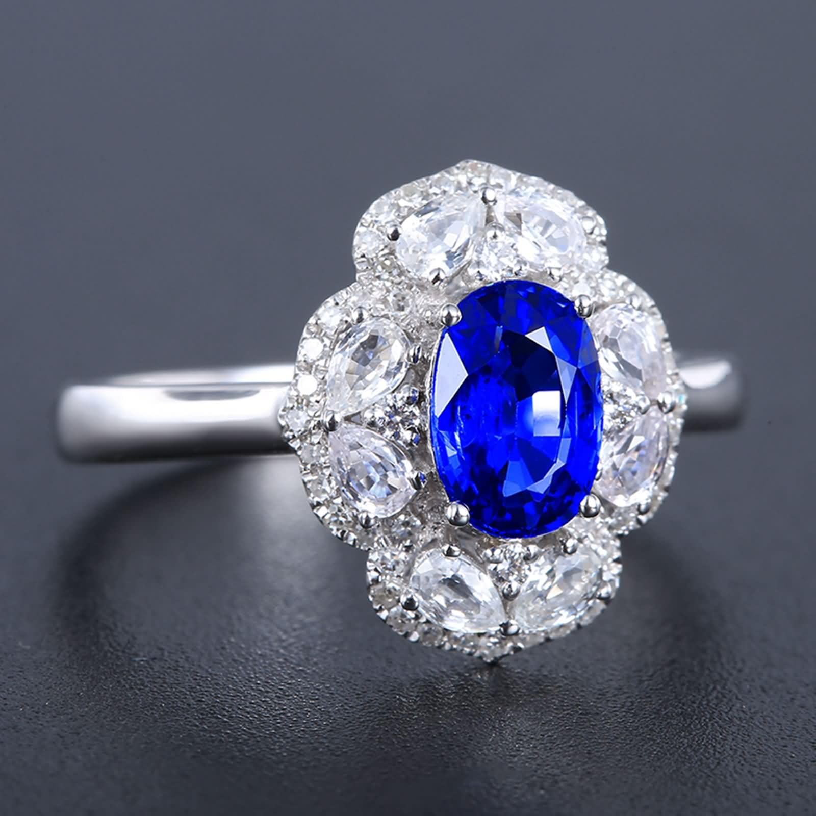 Daesar Anillos Mujer de Boda con Flor y Oval con Zafiro Creado de 1.12ct y Moissanita, Oro Blanco 9K/14K/18K, Anillos de Matrimonio de Boda Plata Azul