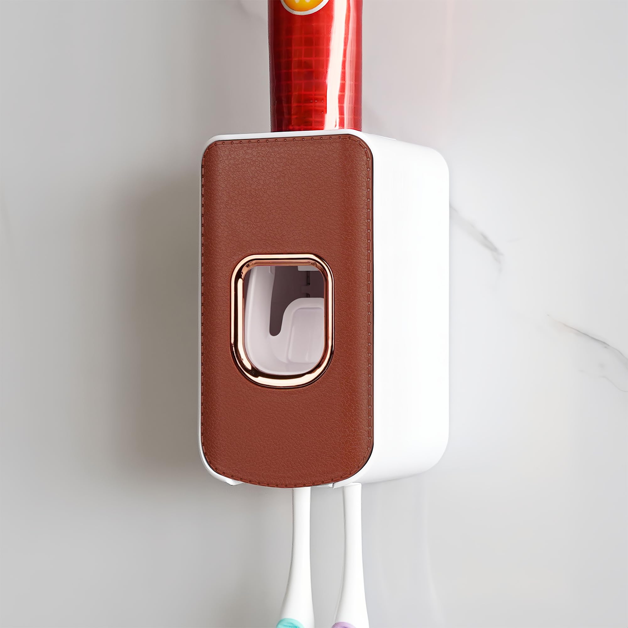 Luwoo Brown 2 Slot Toothbrush Holder And Toothpaste Dispenser Wall Mounted, Automatic Toothpaste Squeezer, 2 In 1 Tooth Brush Toothpaste Organizer For Shower (Brown)