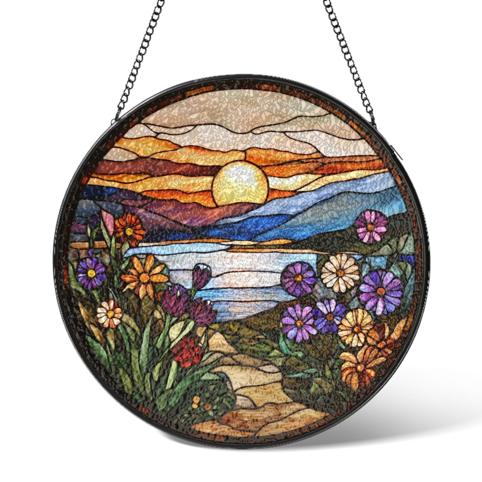 Wildflowers Stained Glass Window Hanging,Sunset Lake Suncatcher Garden Decor Birthday Gifts,Sun Catchers Home Decorations for Bedroom Kitchen Windows,Christmas for Grandma 3.9 IN