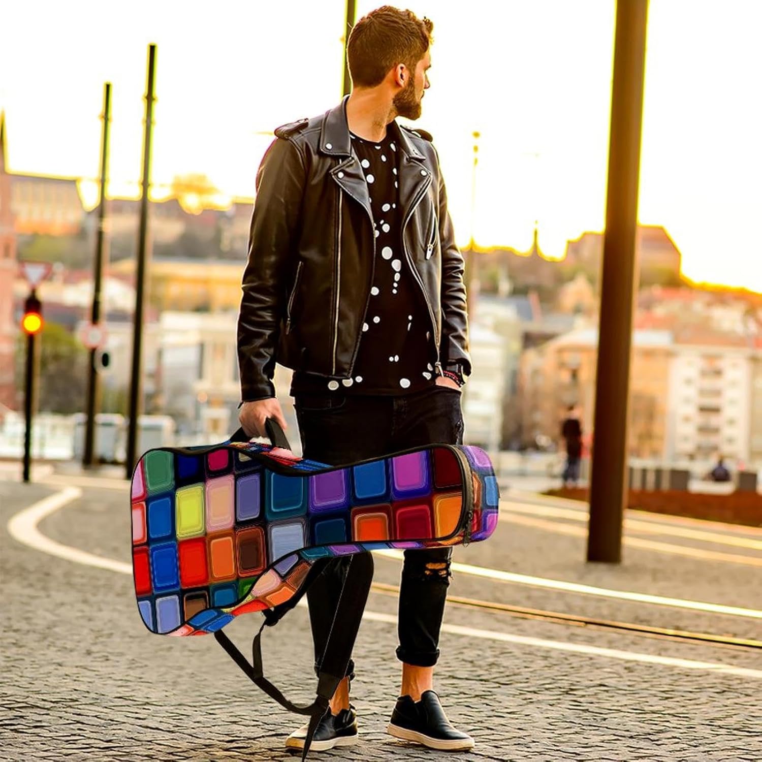 40 41 42 Inch Acoustic Guitar Bag, 0.4 In Thick Sponge Padded Guitar Case Gig Bag with Back Hanger Loop and 2 Pockets, Colorful Squares Geometric Pattern