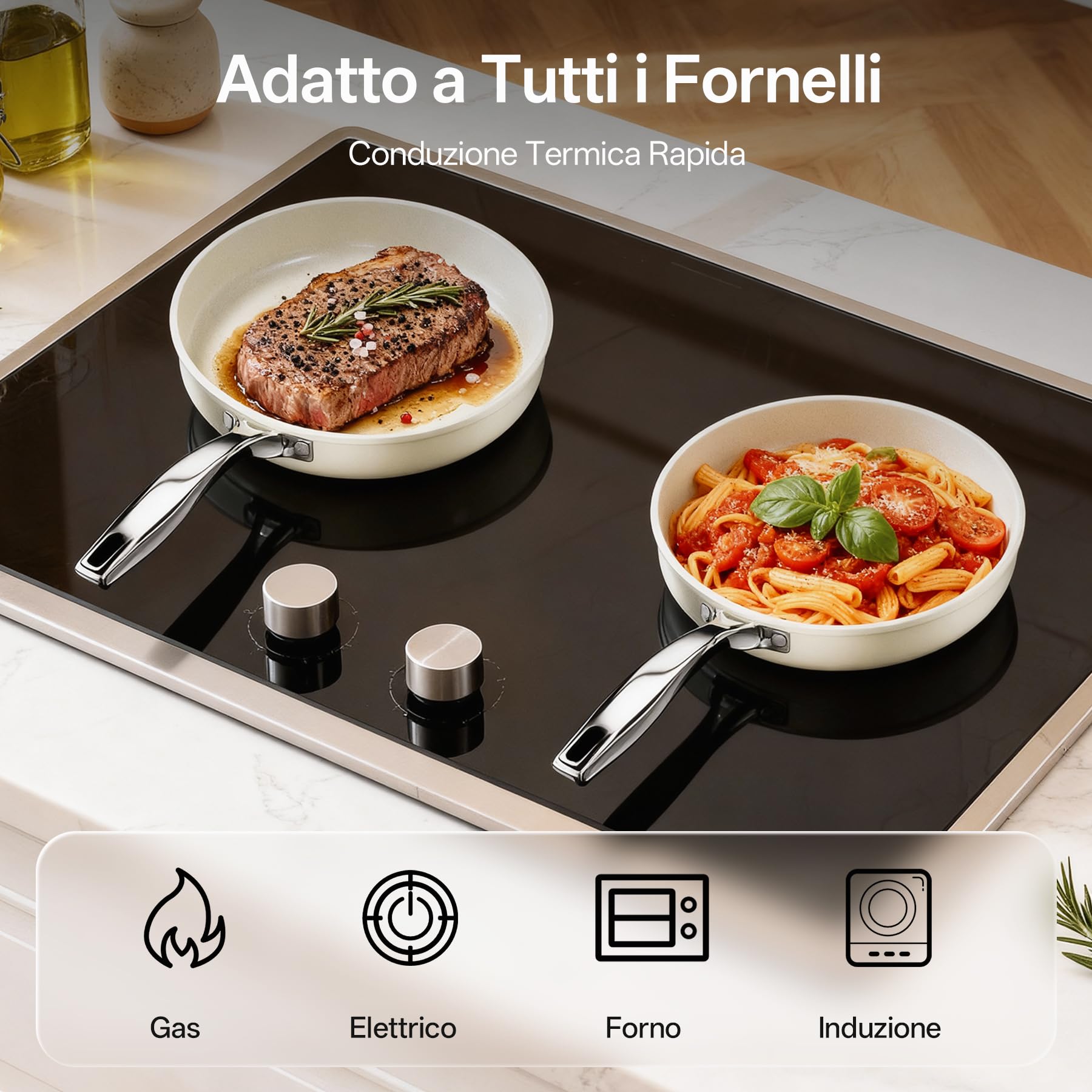 Padella Antiaderente Ceramica 20/24/28 cm, Set Padelle Antiaderenti Induzione, Lavabile in Lavastoviglie, Senza PFOA e PTFE, Adatte Per Forno, Beige