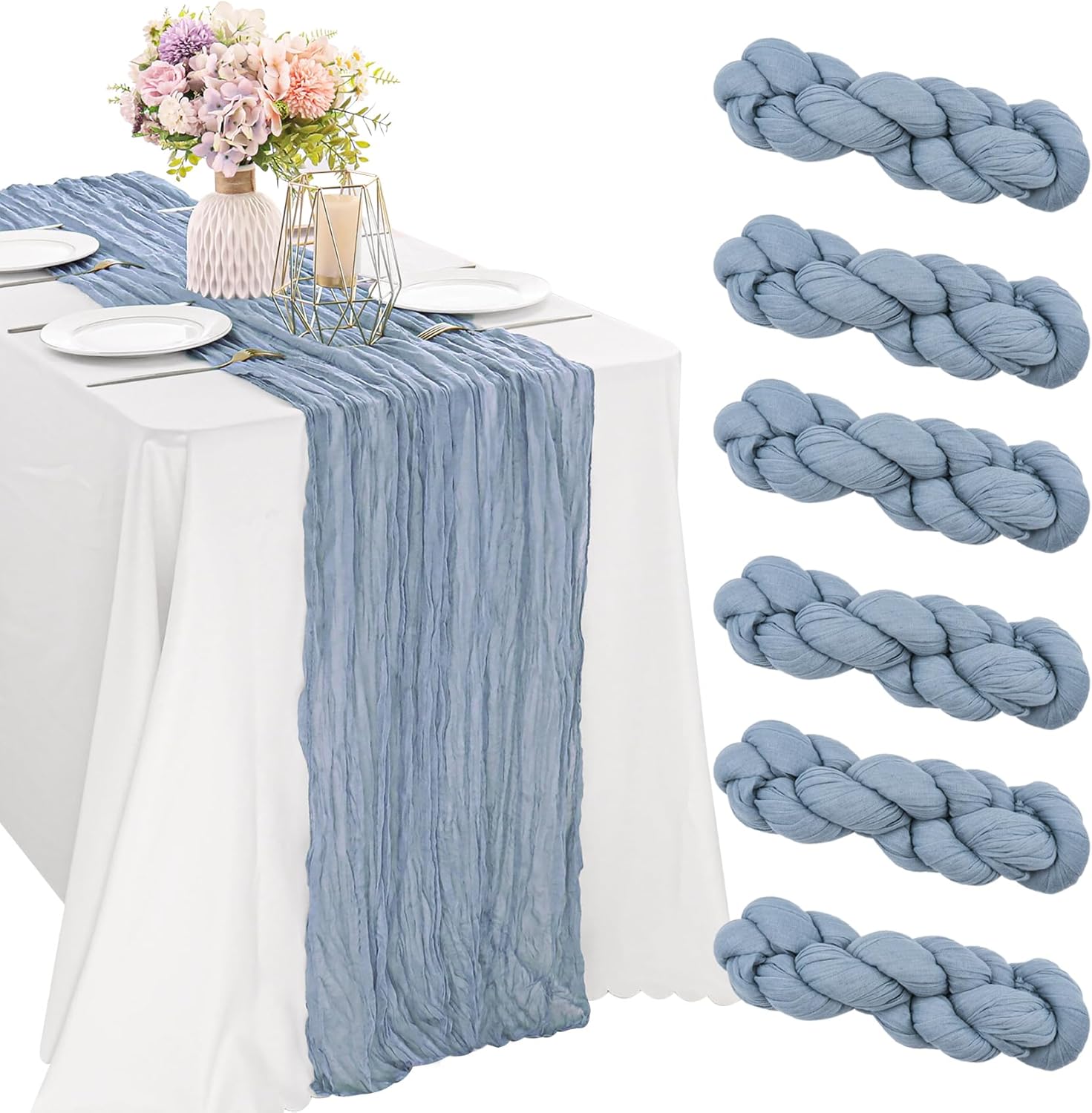 JALANCY 6 Pack Dusty Blue Cheesecloth Table Runners - 10FT Boho Gauze Fabric for Weddings, Easter, Baby Showers & Parties