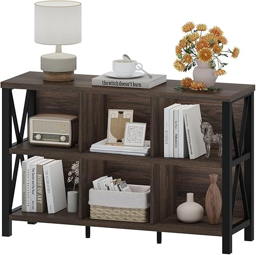 Vista 8 de FATORRI Organizador de almacenamiento de 6 cubos con estante, estantería horizontal corta para sala de estar, estantería de madera y metal, estante