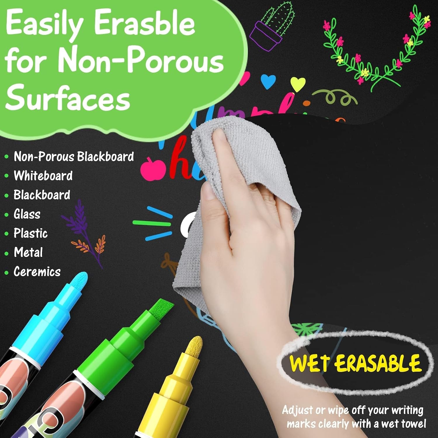 SAKEYR Liquid Erasable Chalk Markers Pens - 12 Colors Washable & Wet Erase Neon Markers for Blackboard, Chalkboard Signs, Glass Window, Graduation Celebration School Kids Art for Cars
