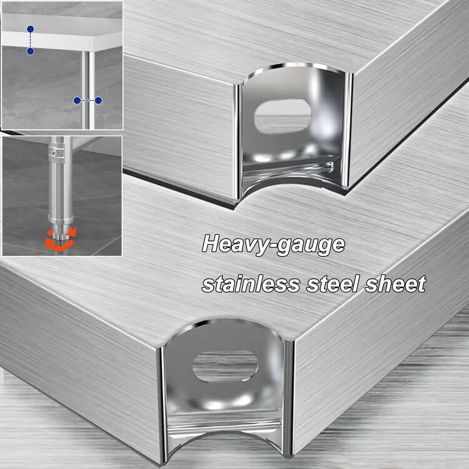 Three-Tier Stainless Steel Workbench Floor-Standing Shelving Unit Adjustable Platform Base Worktable Multi-Functional Cutting Board Easy Assembly L106/116cm(106x50x80cm/41.7x19.7x31.5”)