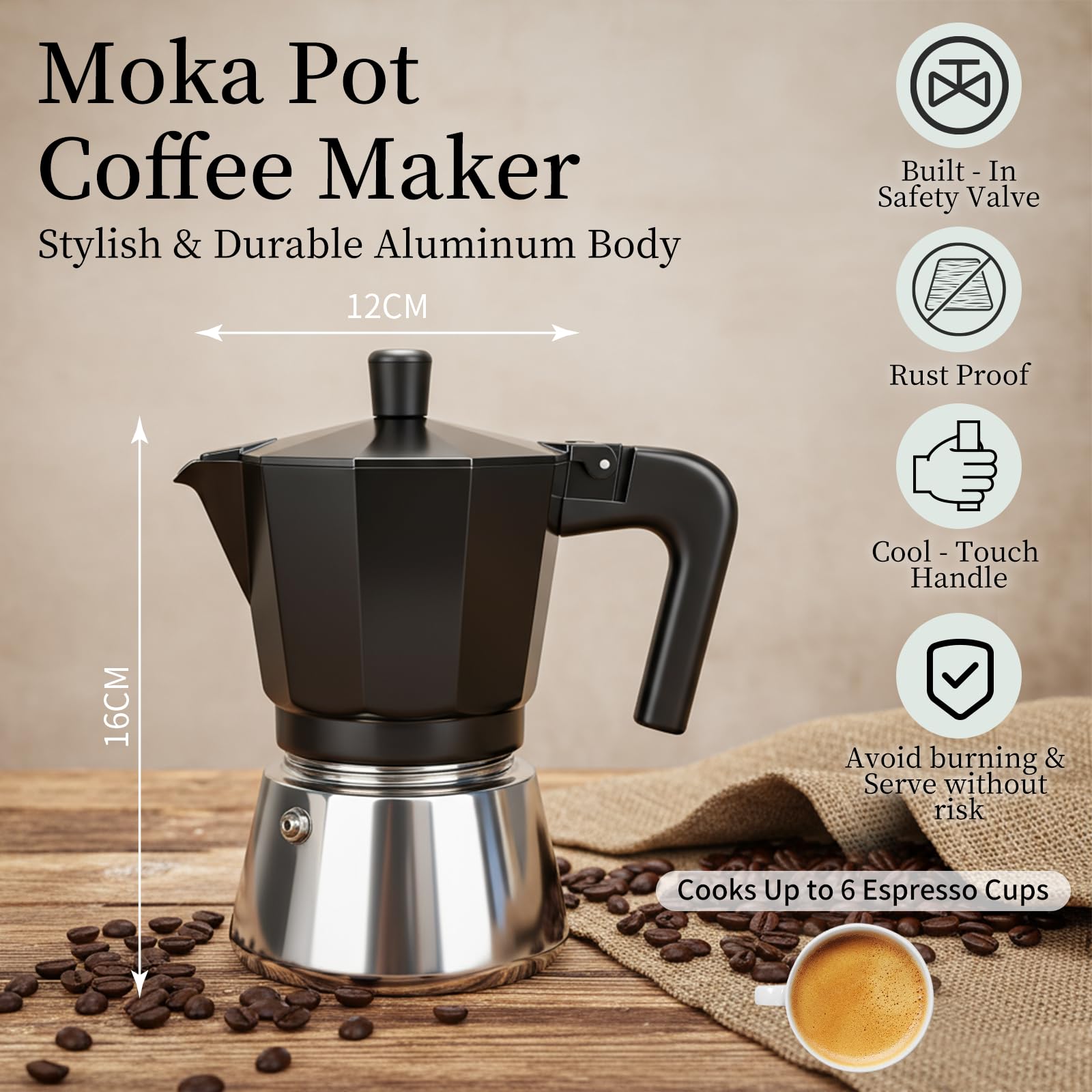 Romon Caffettiera Induzione, Caffè Moka Espresso Elettrica Macchinetta Moke Caffettiere Acciaio Inossidabile, Adatta a Tutti i Tipi di Piatti, 6 Tazze Alluminio per Casa Ufficio Campeggio, Nero 300ml