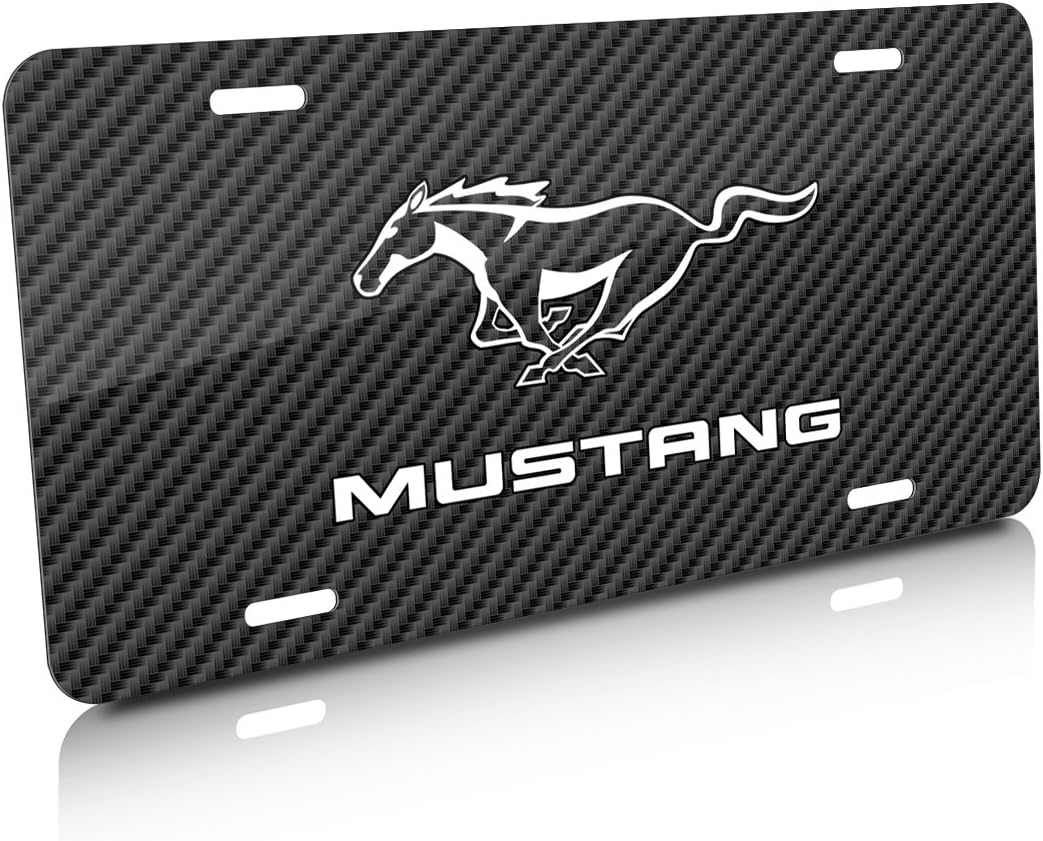iPick Image for Ford Mustang Pony Black Carbon Fiber Look Graphic Special Aluminum Metal License Plate - Official Licensed