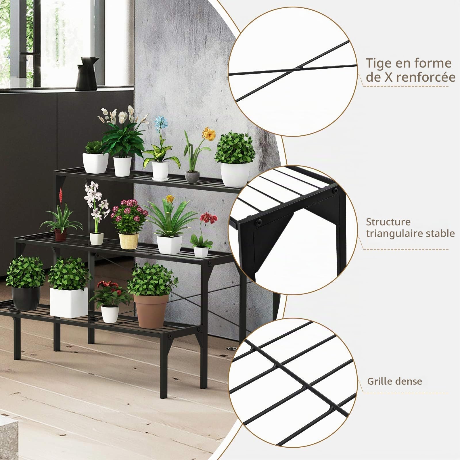RELAX4LIFE Étagère Plante en Fer à 3 Couches, Support pour Pot Plante Intérieur, Escalier Plante Charge Max 30kg par Couche Style Classique pour Jardin, 85x66x66 cm (Style 4, 3 niveaux simple)