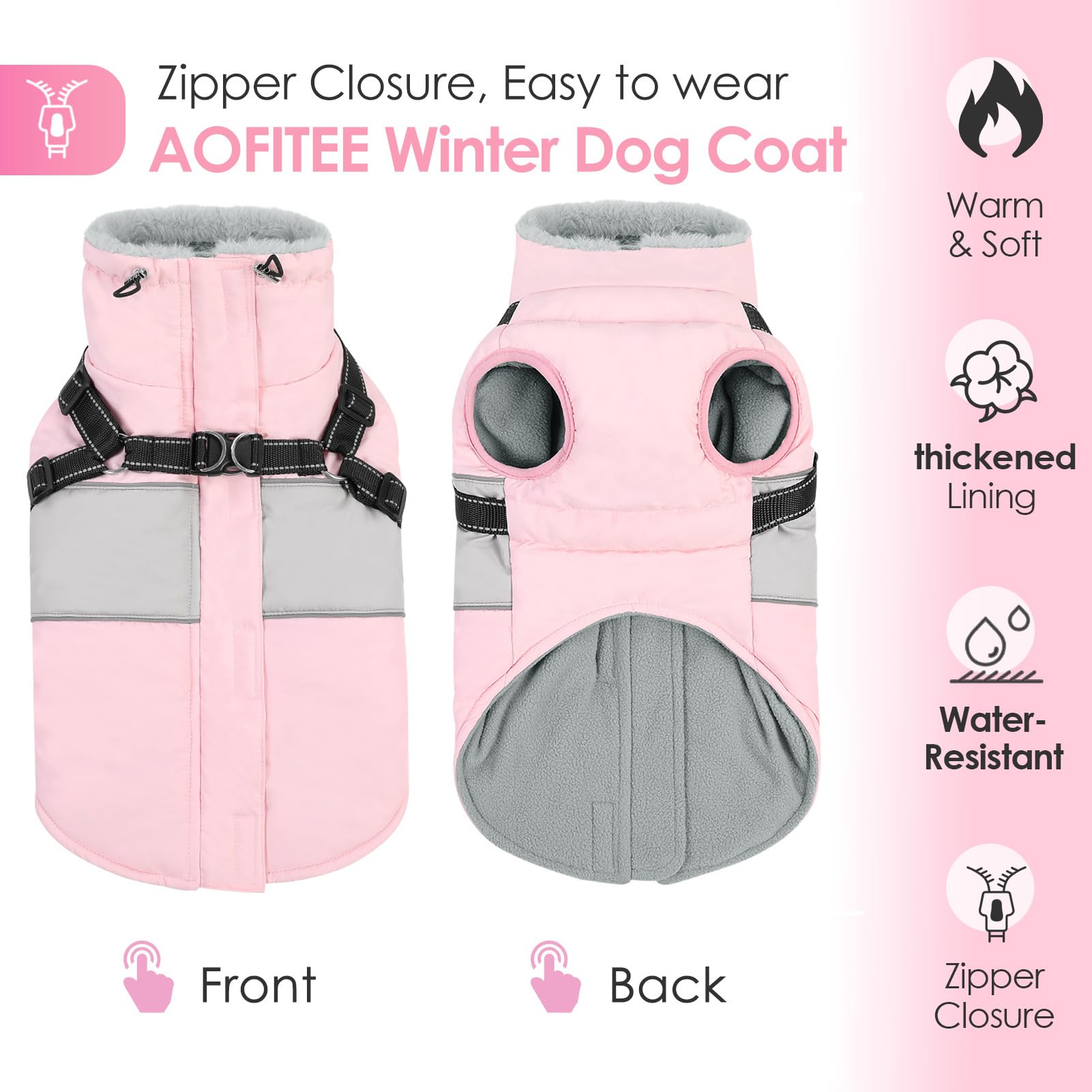 AOFITEE Dog Winter Coat, Dog Coat with Harness Built in - Image 3