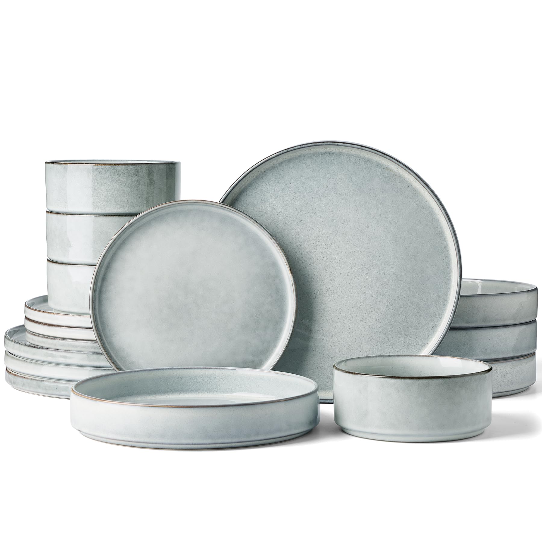 Famiware Annecy 16-Piece Dinnerware Set with Pasta Bowls, Grey Blue