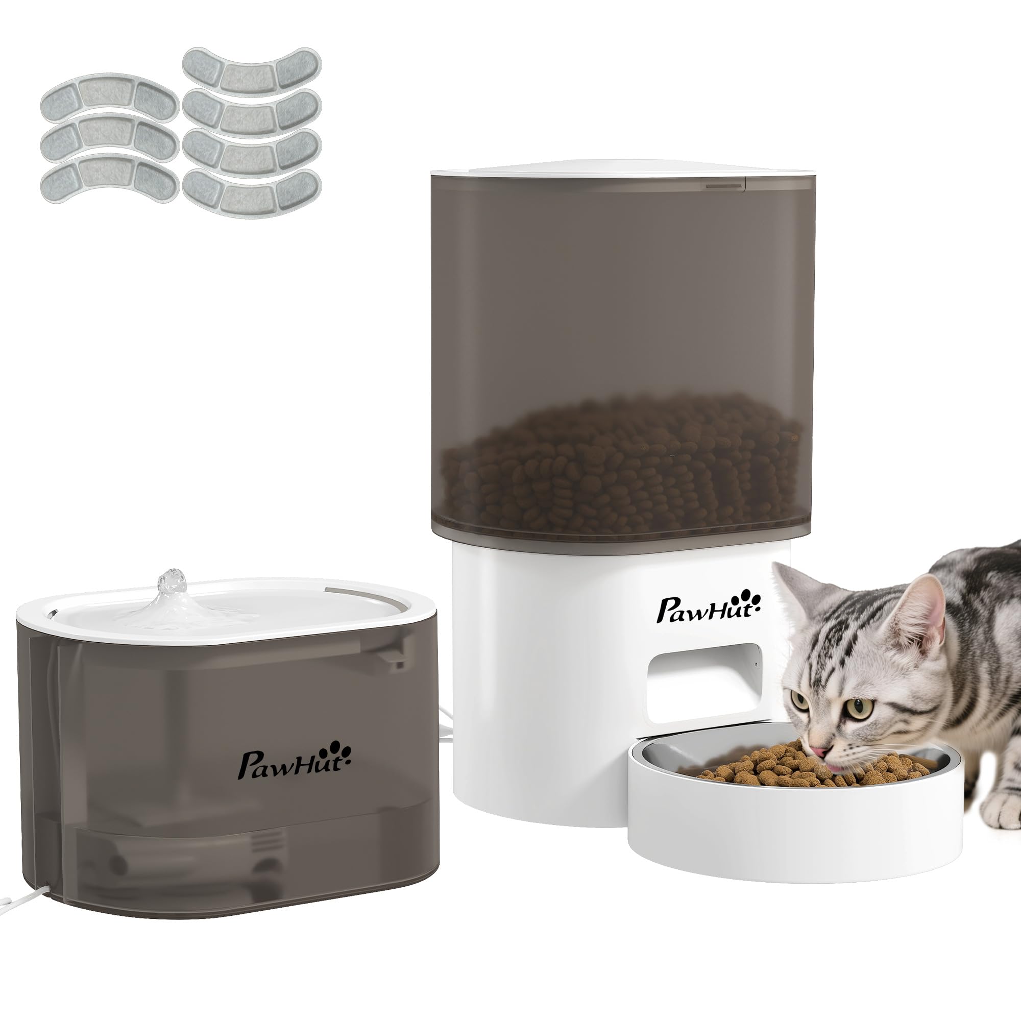 PawHut Comedero Gato Automático Dispensador Comida Gatos Perros de 3L con Control de App 1-10 Comidas al Día Filtros y Luz LED Juego de Comedero y Bebedero Automático Silencioso con Cable USB o Pilas