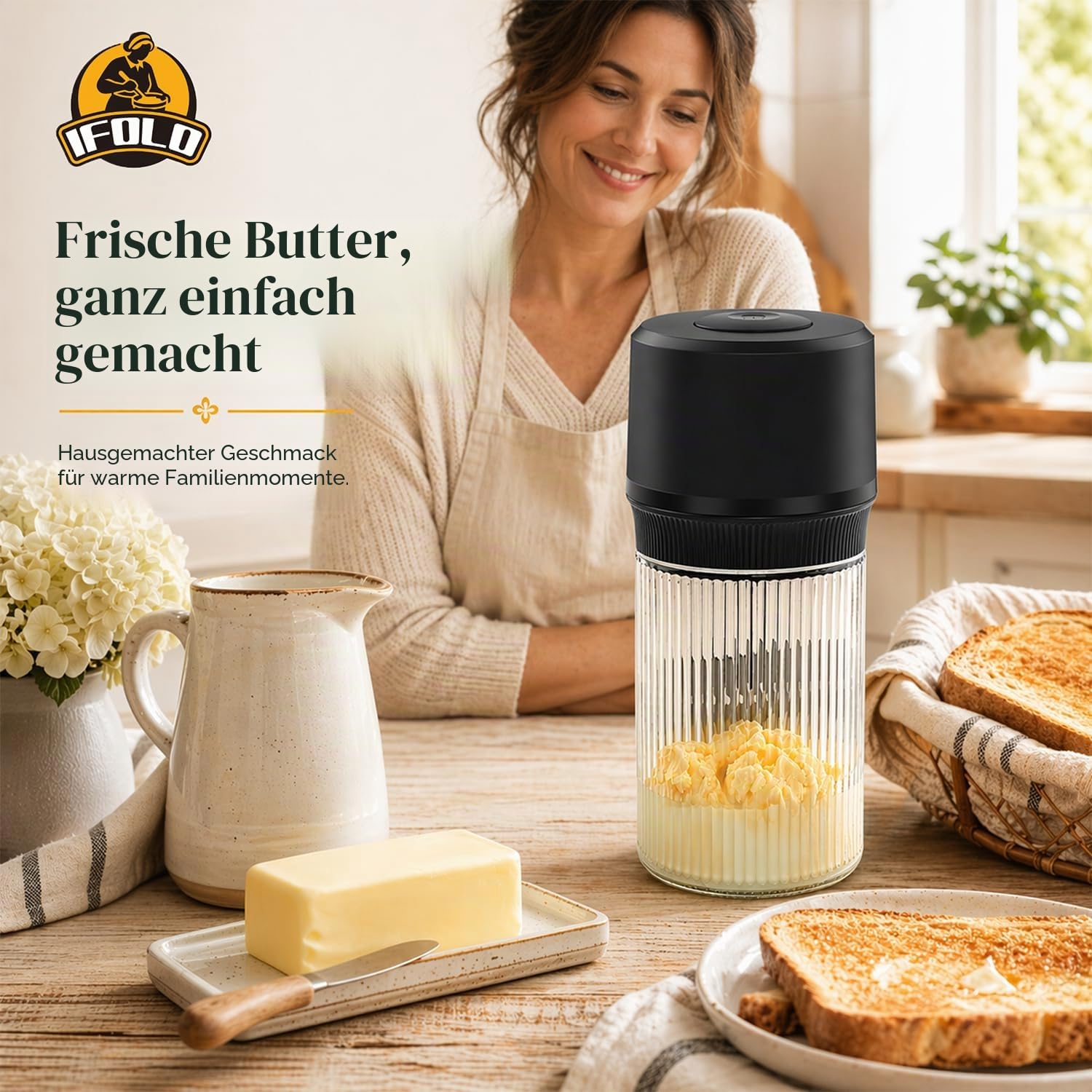IFOLO Elektrische Butterkanne - One-Touch-Butterbereiter in 5-10 Minuten, 963.9 g Glasbehälter mit bürstenlosem Hochgeschwindigkeitsmotor, Hochgeschwindigkeitsmischung für cremige Ergebnisse