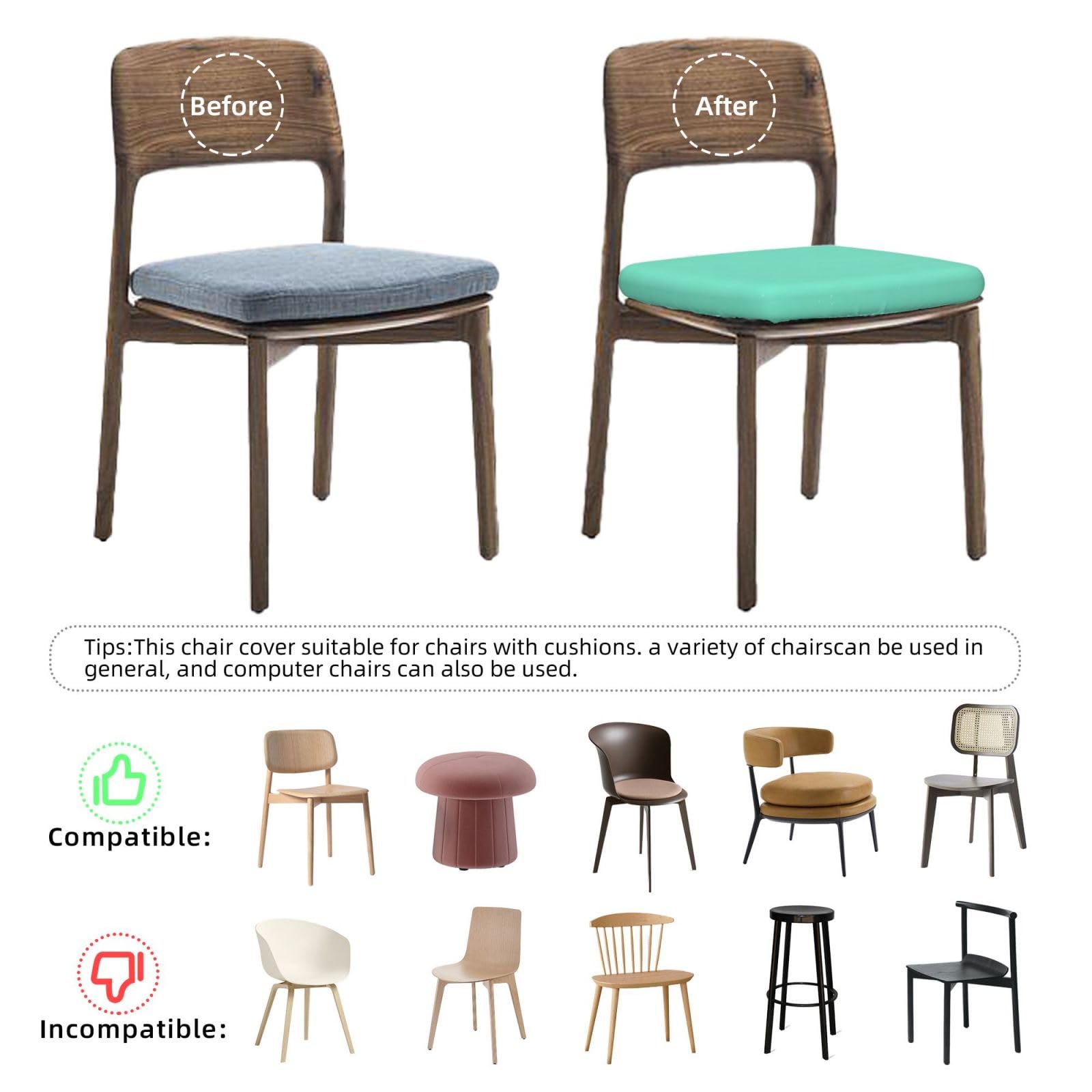 Minty Cyan - Funda de asiento cuadrada para silla, funda de cojín elástica