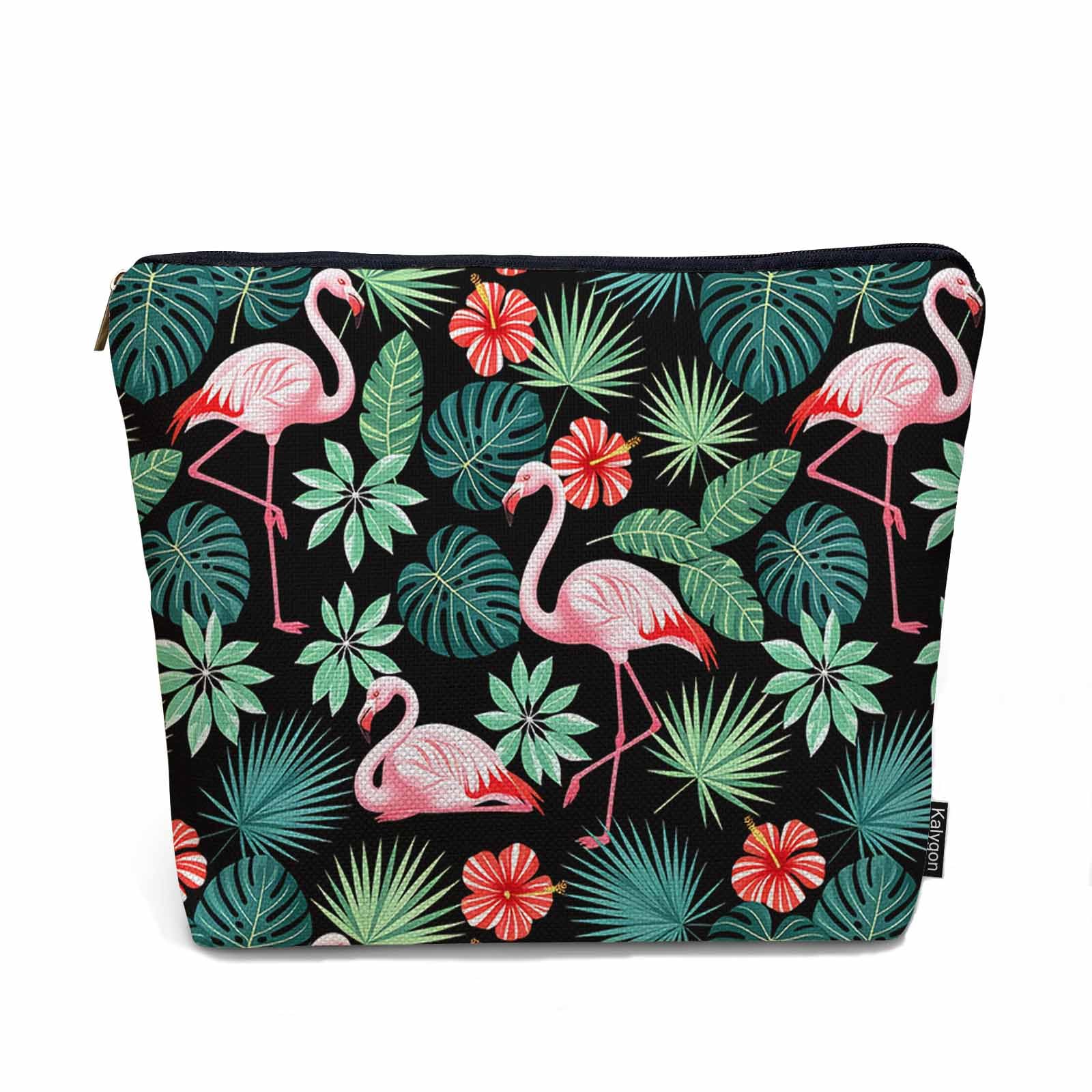 Kalygon Makeup Bag Purse Flamingo, Tropical Palm Leaves Hibiscus Cosmetic Bags For Women Flamingo Pink Travel Toiletry Pouch Zipper Bag Makeup Bags