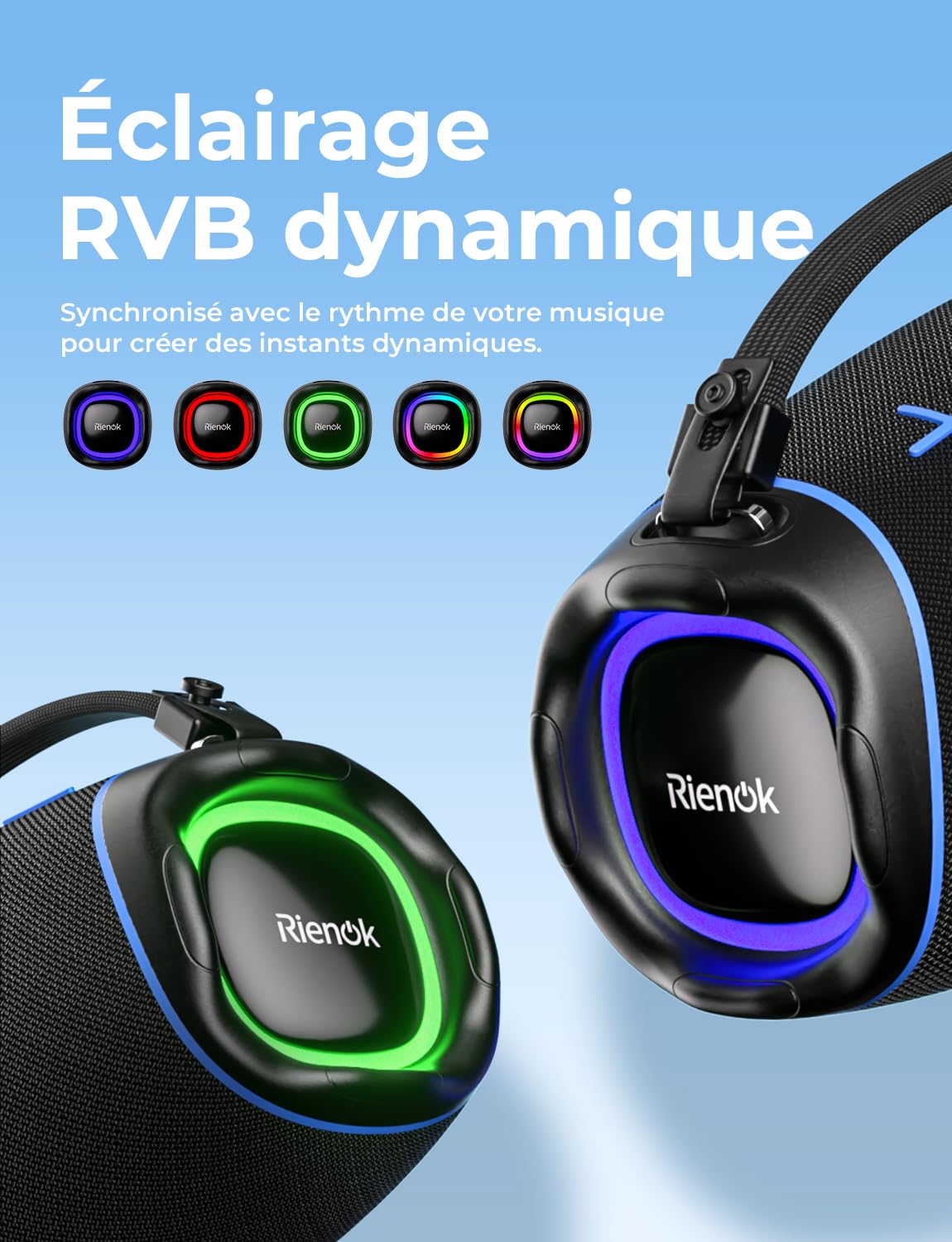 RIENOK Enceinte Bluetooth, 100 W Enceinte Puissante, 2 Tweeters et 2 Woofers, 5200 mAh Haut Parleur Bluetooth 5.3, 30H, IPX6, 128Go, Port Clé USB, AUX et TF Carte, pour Fêtes Soirées Voyage Extérieur
