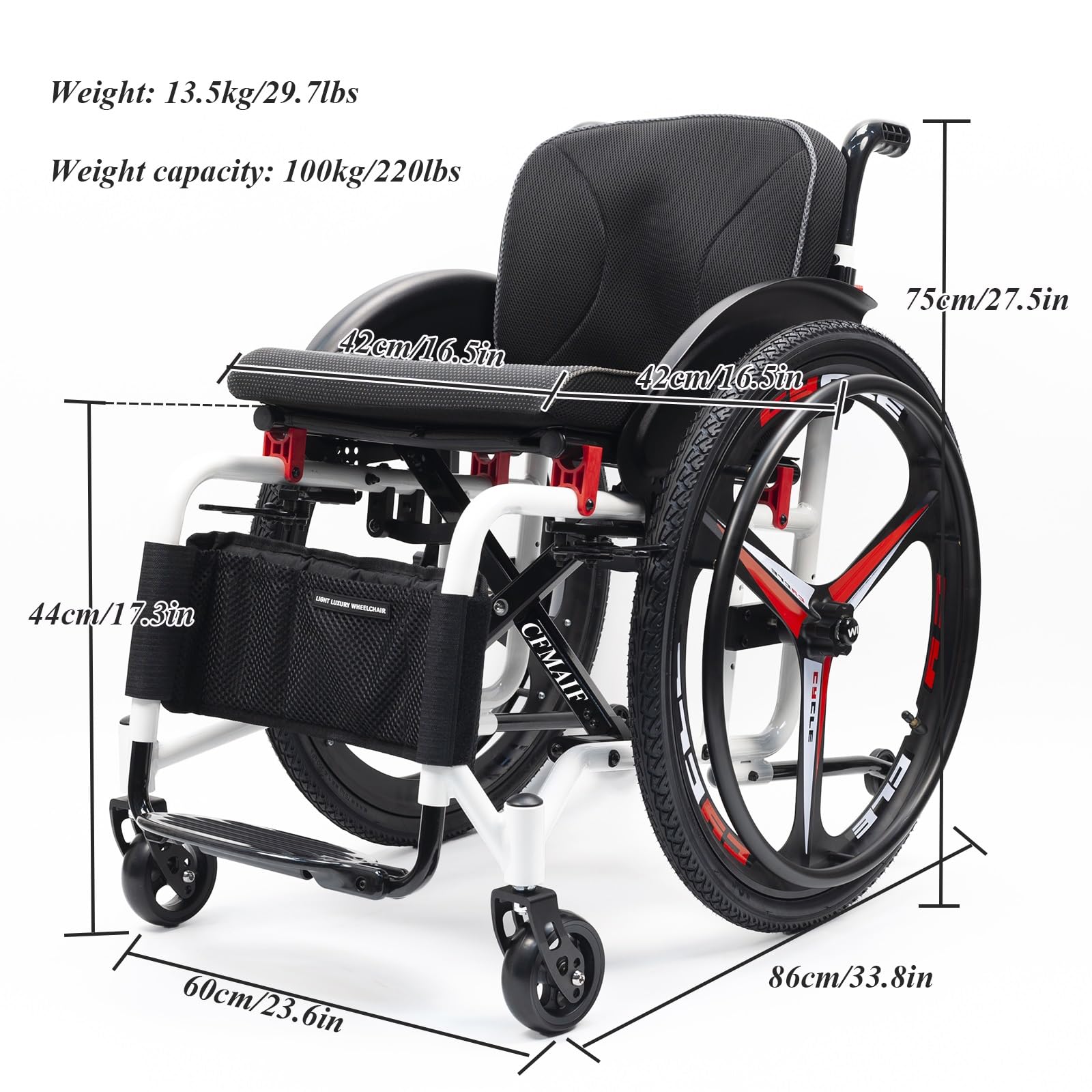 Składany wózek samonastawny, samobieżny ręczny wózek inwalidzki, aluminium, lekki, wózek sportowy, kieszeń do przechowywania (42 cm/16,5 cala)