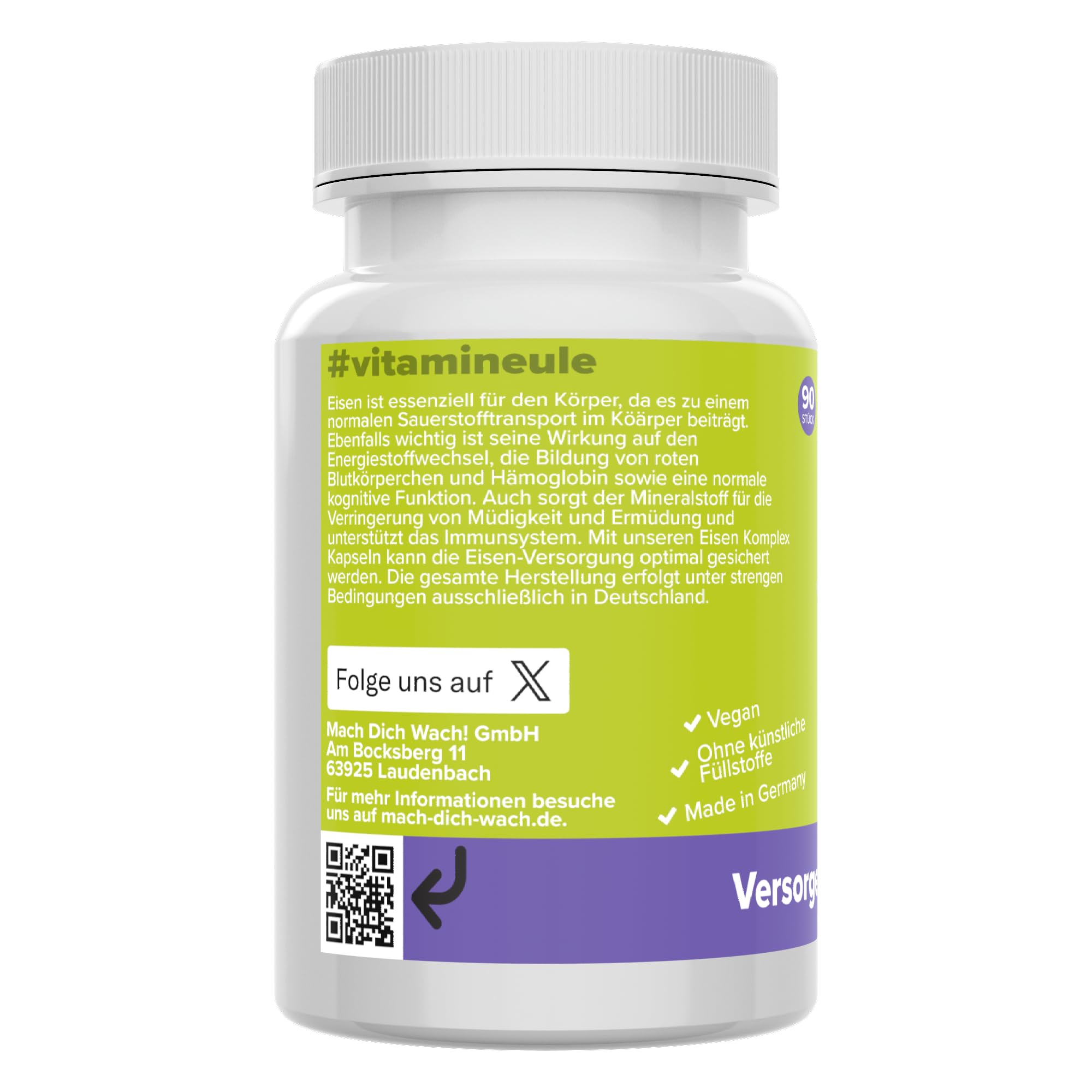 Eisen Komplex Kapseln + Vitamin C - hochdosiert 56 mg aus Eisenbisglycinat (Eisenchelat) - bioaktiv & vegan - Produktion in Deutschland - für Erwachsene & Kinder - laborgeprüft - Vitamineule®