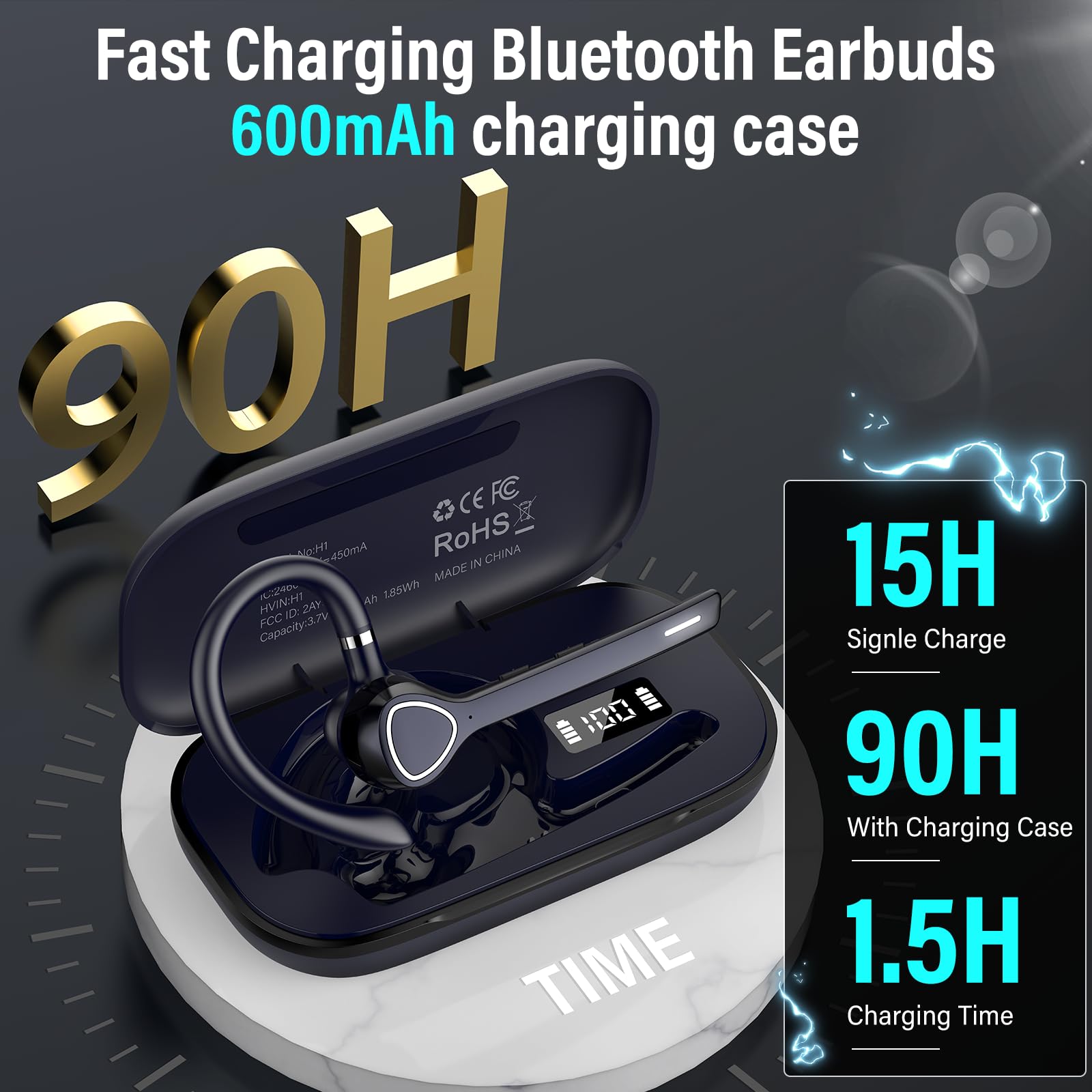 Cuffie Bluetooth Singolo Vivavoce, Auricolare V5.4 con ENC Noise Canceling Mic Mute, 90 Ore Mano Libera Auricolare Bluetooth per Affari/Sport Blu