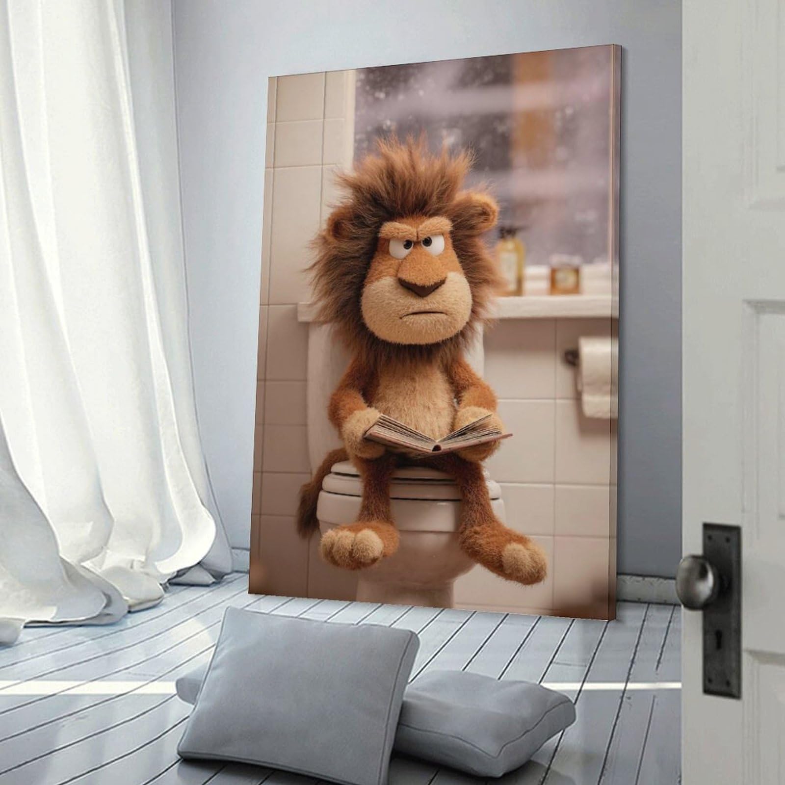 Junmoney Canvas Wall Decor Lion Reading on A Toilet, 24x36inch(60x90cm), for Lounge Decor, Bedroom Walls Or Flats, Eye Catching Artwork for Blank Walls