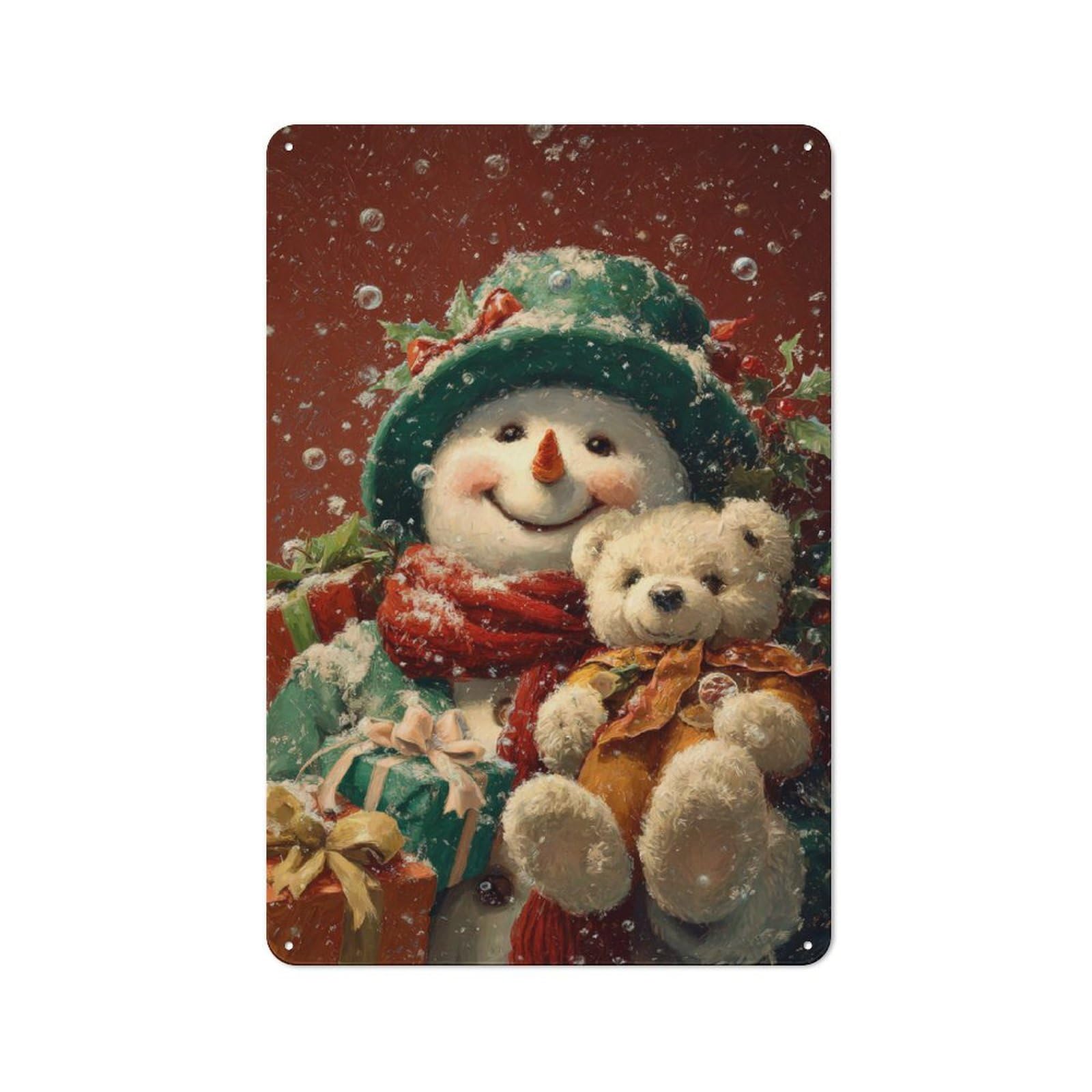 Junmoney Christmas Snowman And Teddy Bear Industrial Decorative Metal Plaque 30X20cm Featuring Urban Room Decor For Flat, Bar, Studio Or Gallery Wall