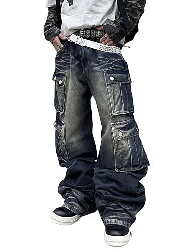 DFGIGT Mens Goth Baggy Cargo Jeans with Pockets Steampunk Patchwork Embroidery Wide Leg Denim Pants - F10 Blue - X-Large