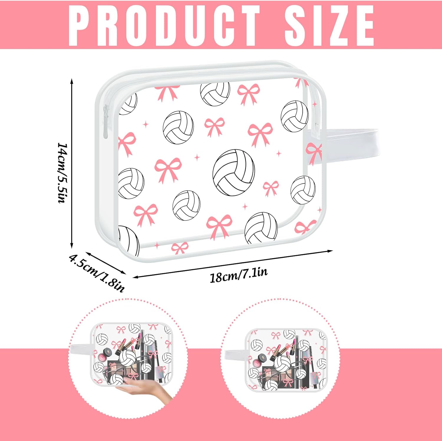 JarThenaAMCS 16 Pcs Volleyball Team Gifts Cosmetic Bag Volleyball Bow PVC Clear Portable Zippered Makeup Bag Waterproof Toiletry Carry Pouch for Couch Travel Party Supplies, 7.1 x 1.8 x 5.5 Inch