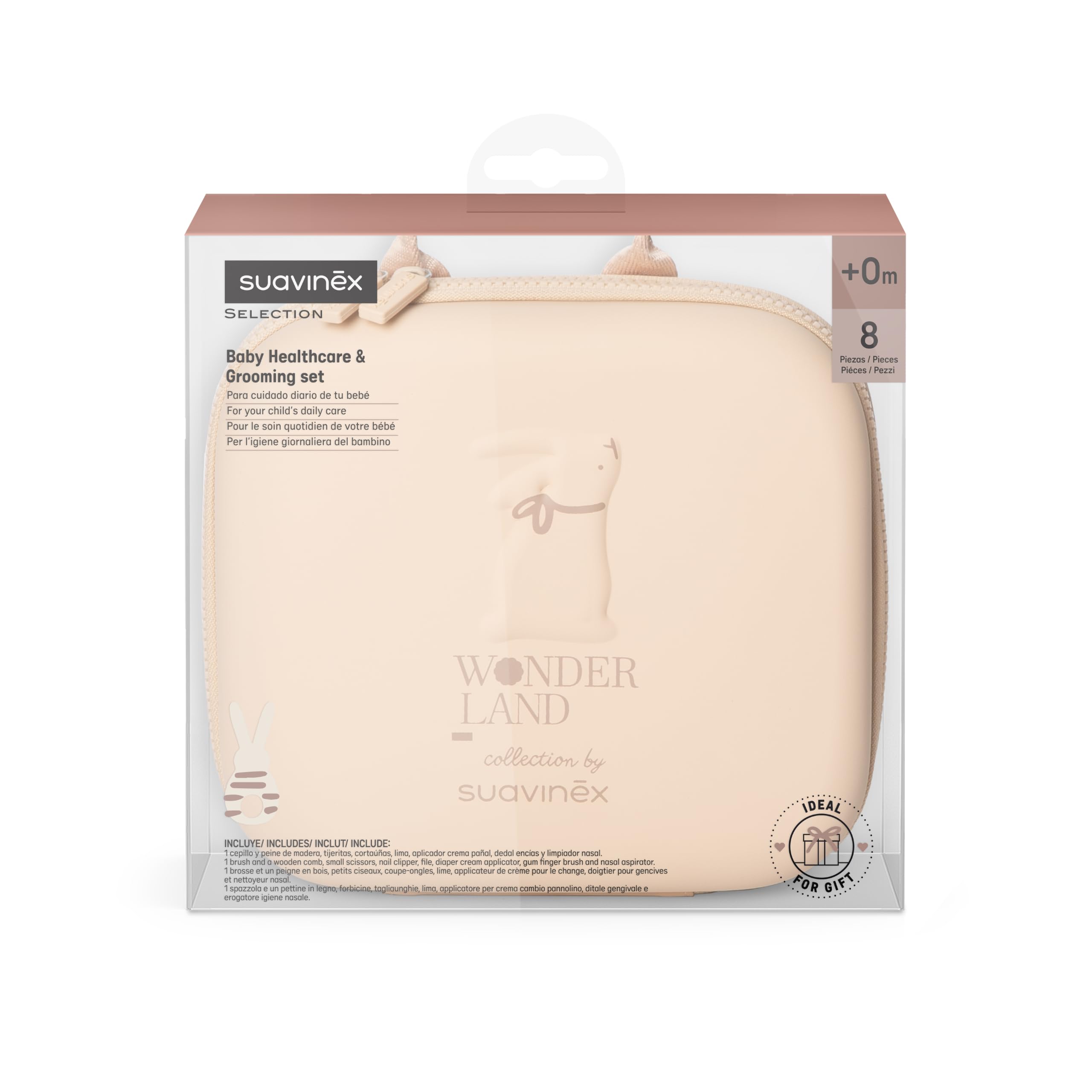Suavinex, Kit Higiene Bebé con Neceser, Set Cuidado Recién Nacido, Beige | Con: Cortauñas + Lima Vidrio + Tijeritas + Cepillo + Peine + Dedal Encías + Aplicador Crema. Semi-rígido, Cremallera y Asa