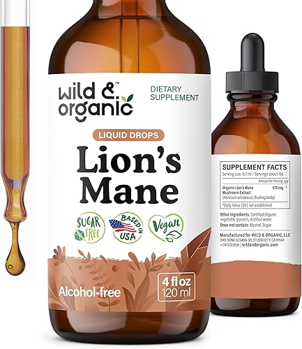 Wild & Organic Gotas líquidas de melena de leones - Apoyo para el cerebro y la concentración - Suplemento de hongo melena de león - Gotas de hongo