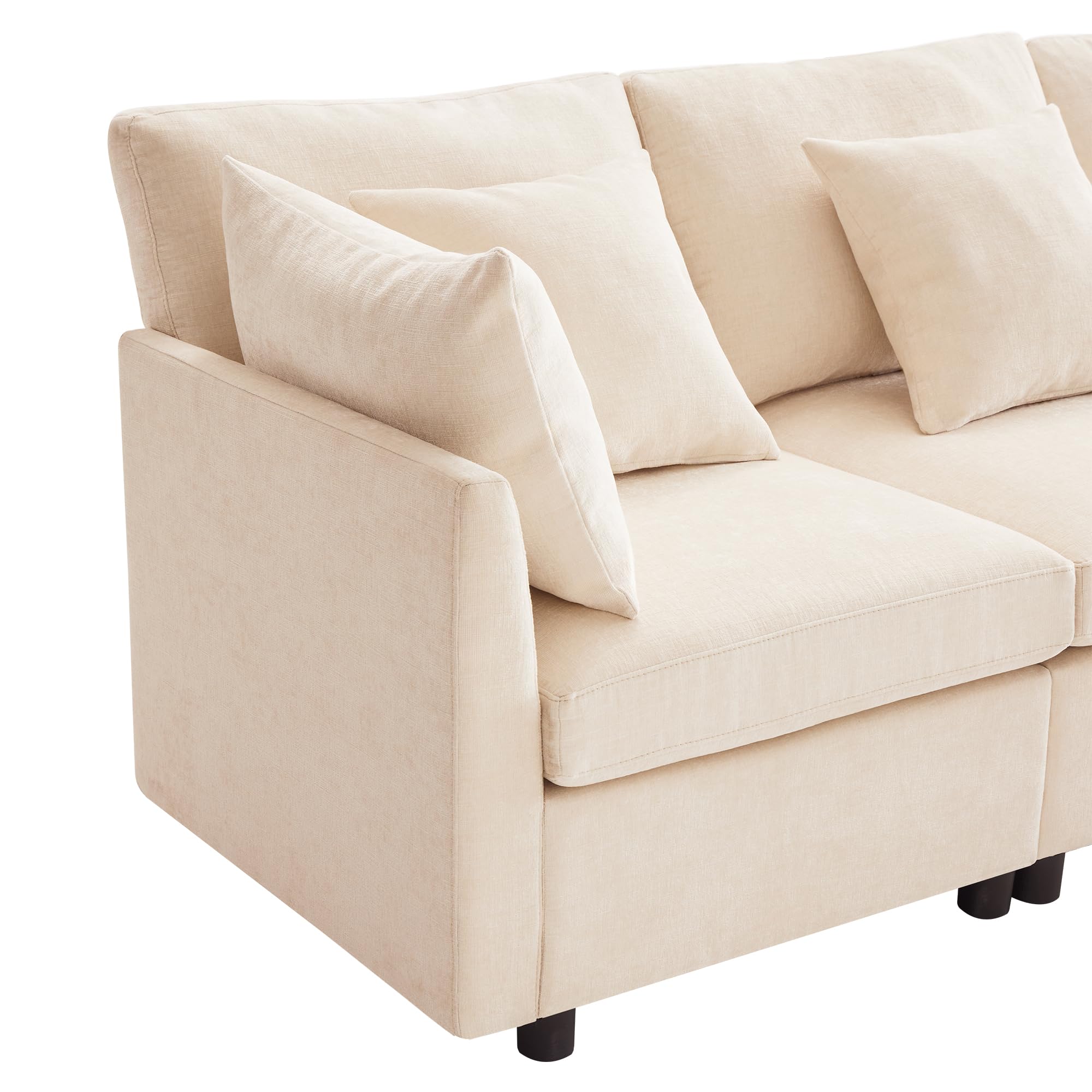 Mrwoo Sofá Cama en L Modular, 4 Plazas con Reposapiés, Extensible para Dormir, 6 Cojines, Sofa para Salón/Dormitorio/Apartamento, Chenilla, Color Beige