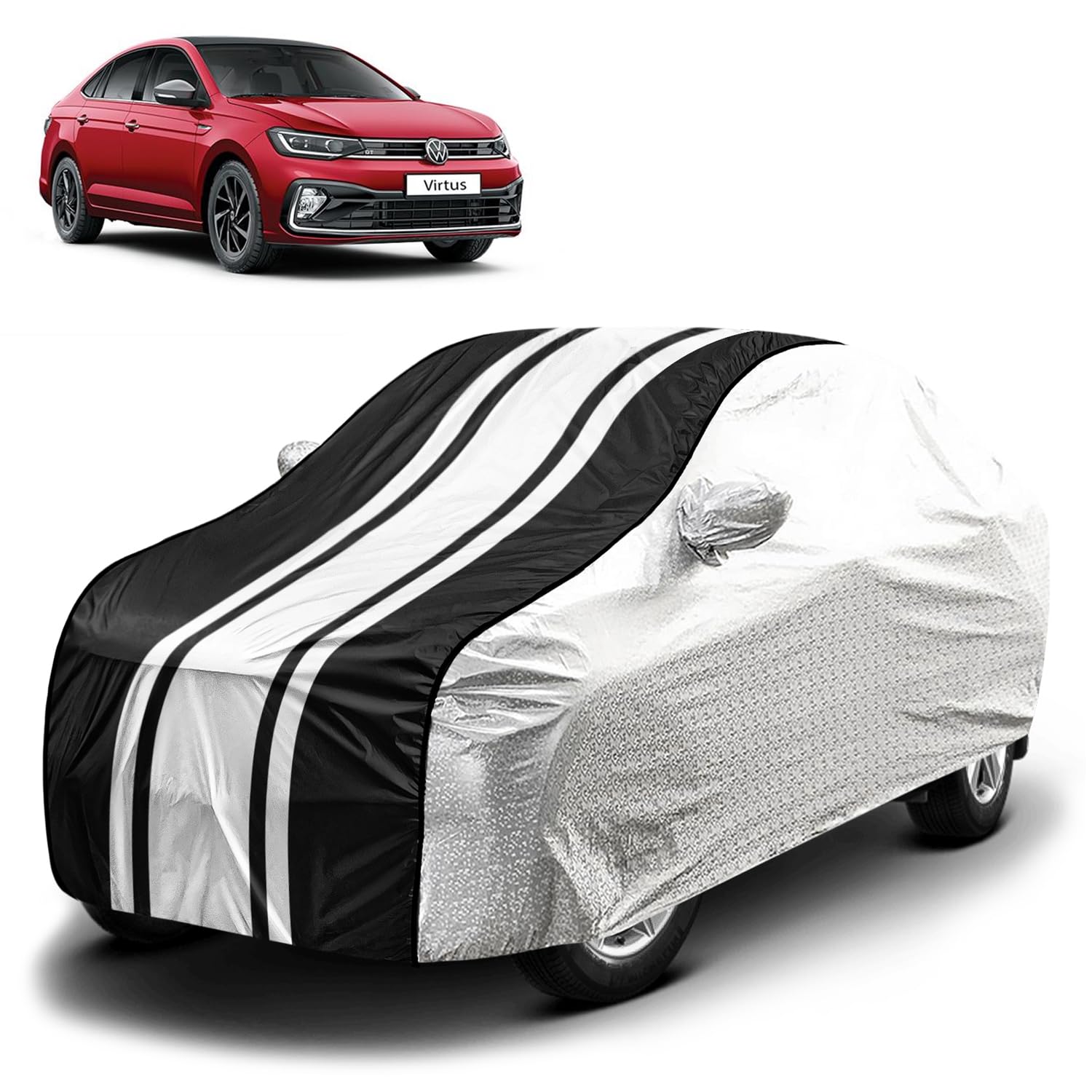 FABTECFabtec Waterproof Car Body Cover for Volkswagen Virtus with Mirror Pocket and Soft Cotton Lining, Bottom Elastic, Triple Stitched (Metallic Silver with Black Stripes) (No Antenna Pocket)