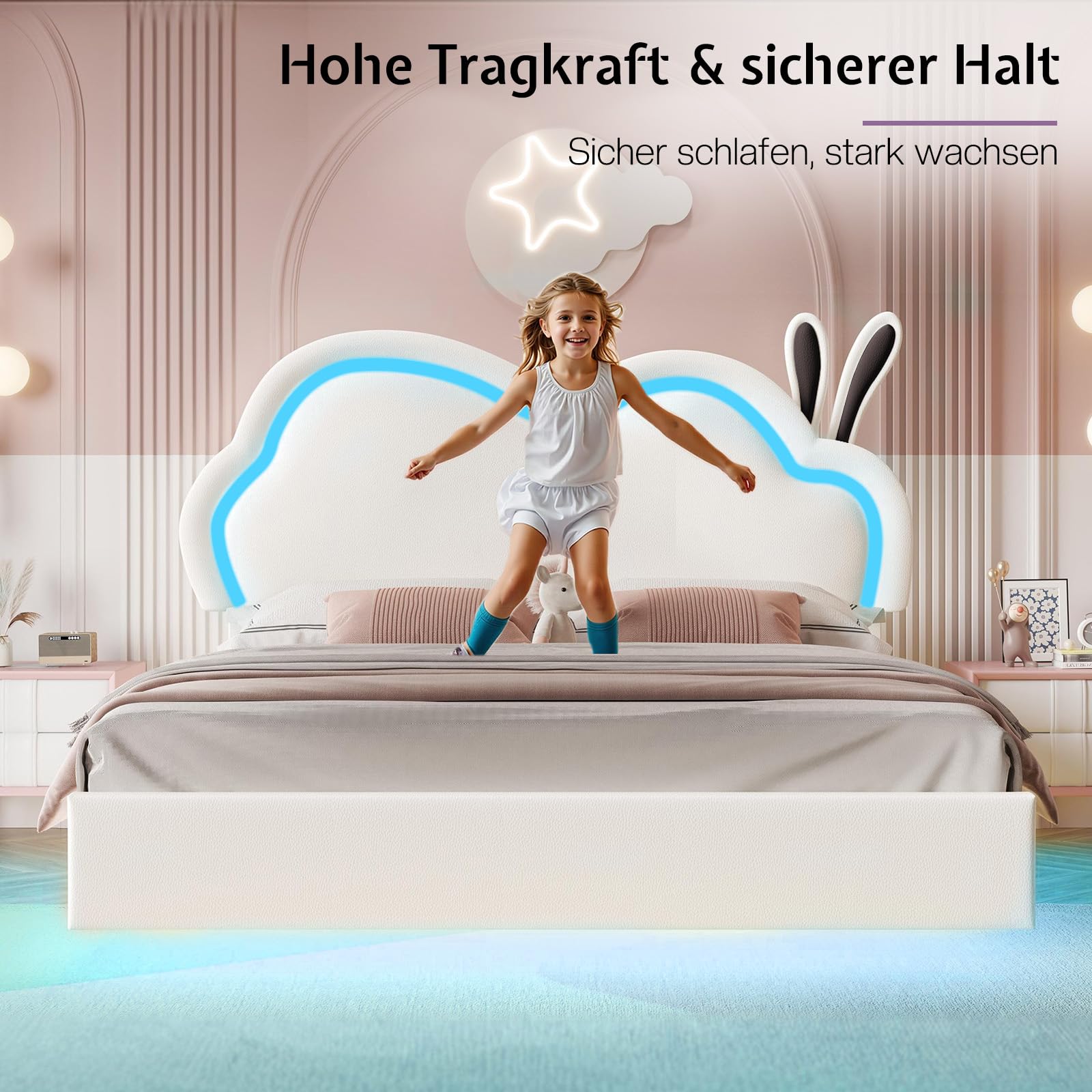 LUXOAK Hasen Kinderbett 140x200cm mit LED-Lichtern, Leder Polsterbett Weiß | Wolken-Kopfteil mit Hasenohren | höhenverstellbar + steuerbare LED | sicheres schwebendes Design | bis 360kg belastbar