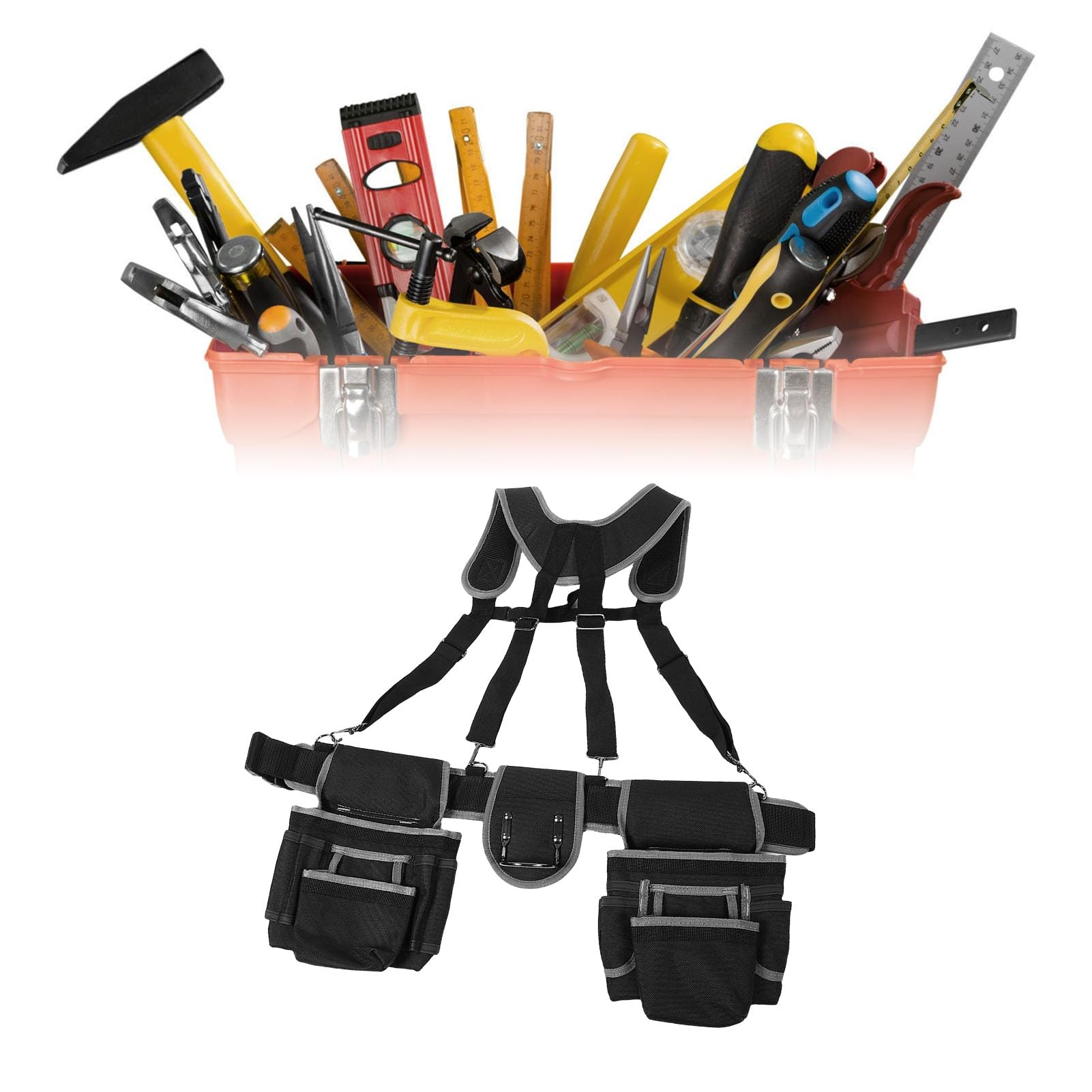 Jiawu Cintura per Attrezzi con Bretelle, Organizer per Cintura per Attrezzi Regolabile in Tessuto Oxford, per Resistente con Tasche Multifunzionali, Comode Bretelle per Carpenteria Edile