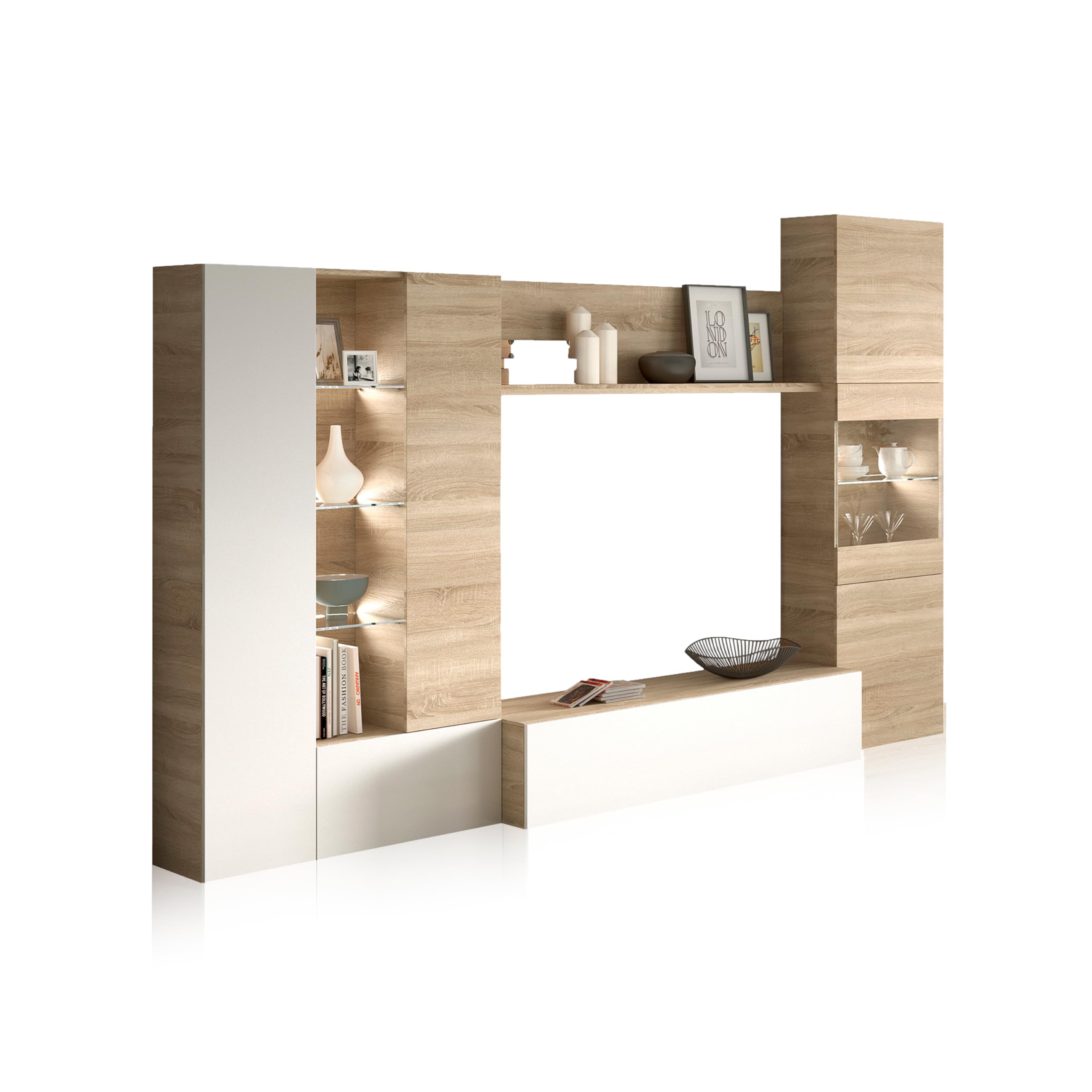 duehome | Mueble de Comedor con Leds, Mueble Salon, Modelo Vinter Leds, Acabado en Blanco Brillo y Roble Canadian, Medidas: 260 cm (Ancho) x 185 cm (Alto) x 42 cm (Fondo)