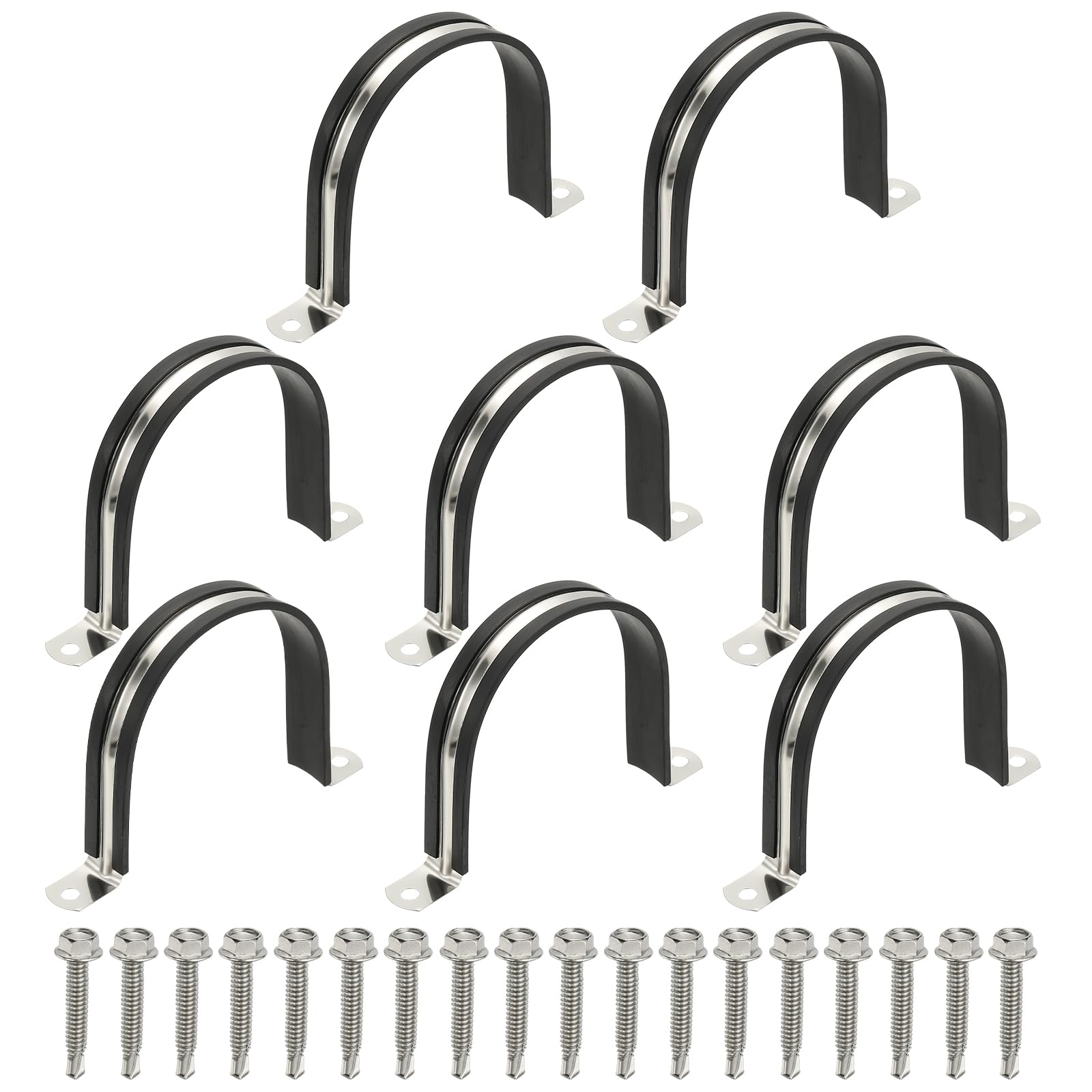 PATIKIL 8Pcs Pipe Clamps, 3-15/16 Inch 304 Stainless Steel Rubber Cushioned U Bracket Conduit Clamps Pipe Strap Wire Clips with Hexagonal Screw for Tube Hose Cord Installation, 100mm