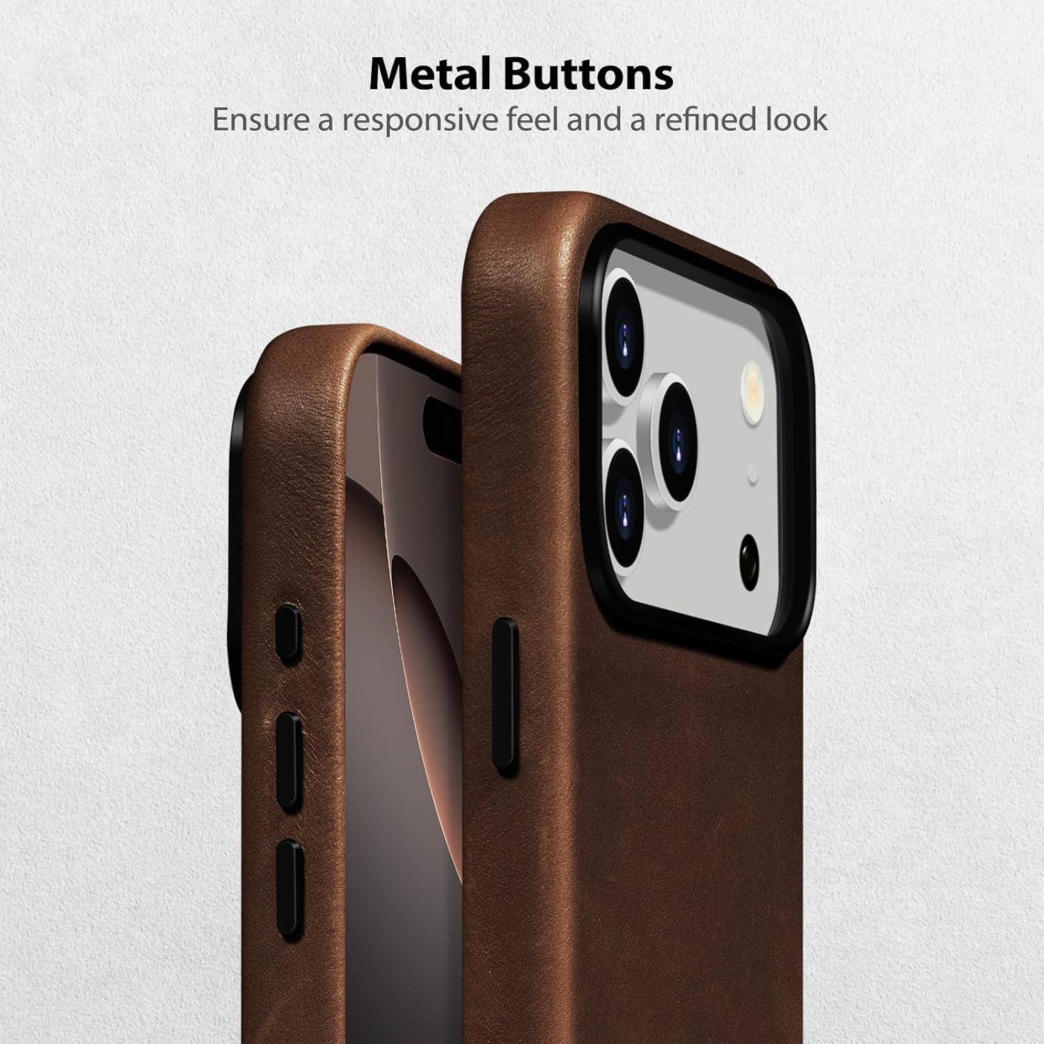 Belemay Handcrafted Full-Grain Vegetable-Tanned Leather Case for iPhone 17 Pro, Compatible with MagSafe, Two-Tone Effect, Natural Patina, Camera Control Button, Metal Buttons (6.3") Bourbon Brown - Image 5