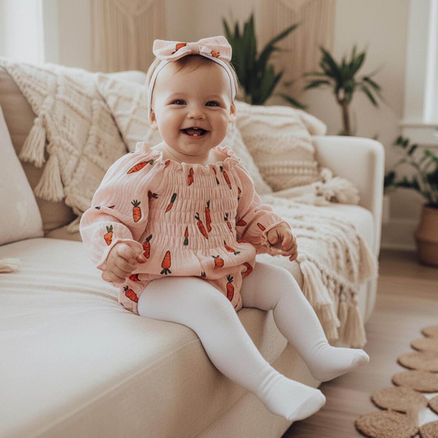 Baby Girl Easter St Patricks Day Outfit Newborn Girls Long Sleeve Ruched Carrot Print Romper with Headband 0-18M - Image 4