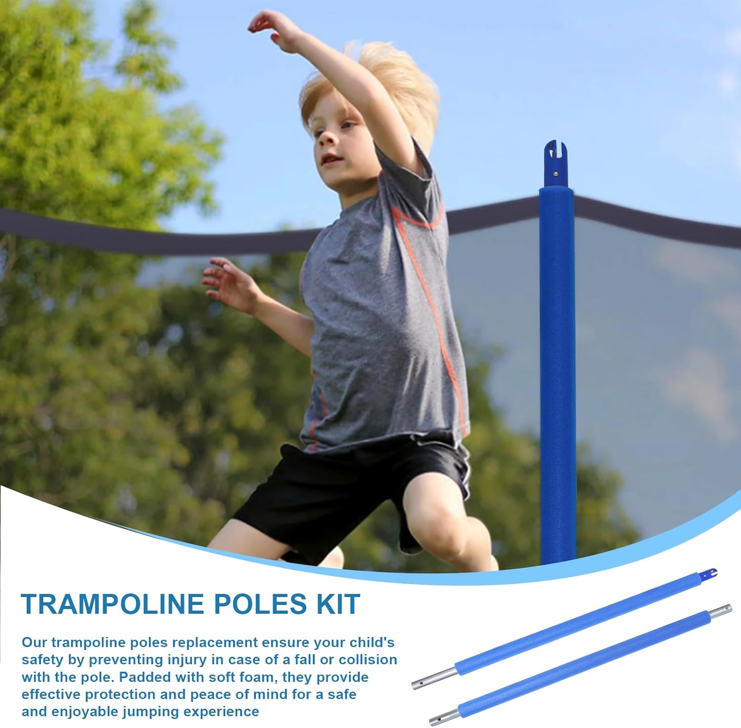 Wadoy Trampoline Poles Replacement Enclosure Poles Kit Universal Fits 6 Straight Poles Round Frame with Clamp and Hardware for 12Ft, 13Ft, 14Ft, 15Ft, 16 Ft Trampolines