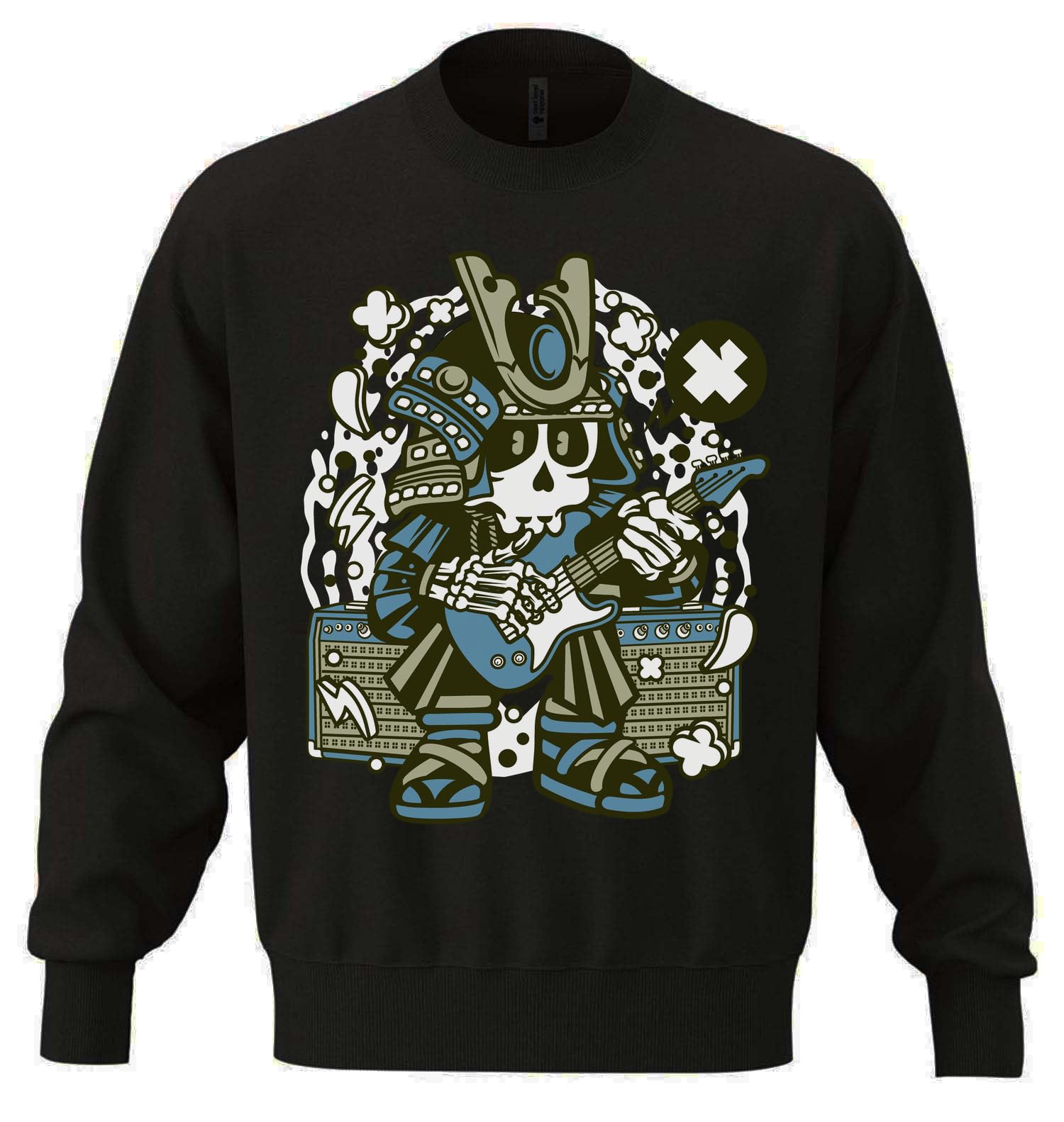 Samurai Rock Star Gitara Elektryczna Solo Grafika Unisex Oversize Mieszanka Bawełny Ciężka Bluza Czarna