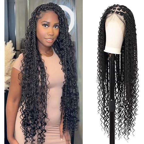 360° HD Full Lace Boho Braided Wigs for Women Twist Braided Wigs with Baby Premium Synthetic Knotless Braided Wigs Lace Front Boho Twist Braided Wig Black 36"