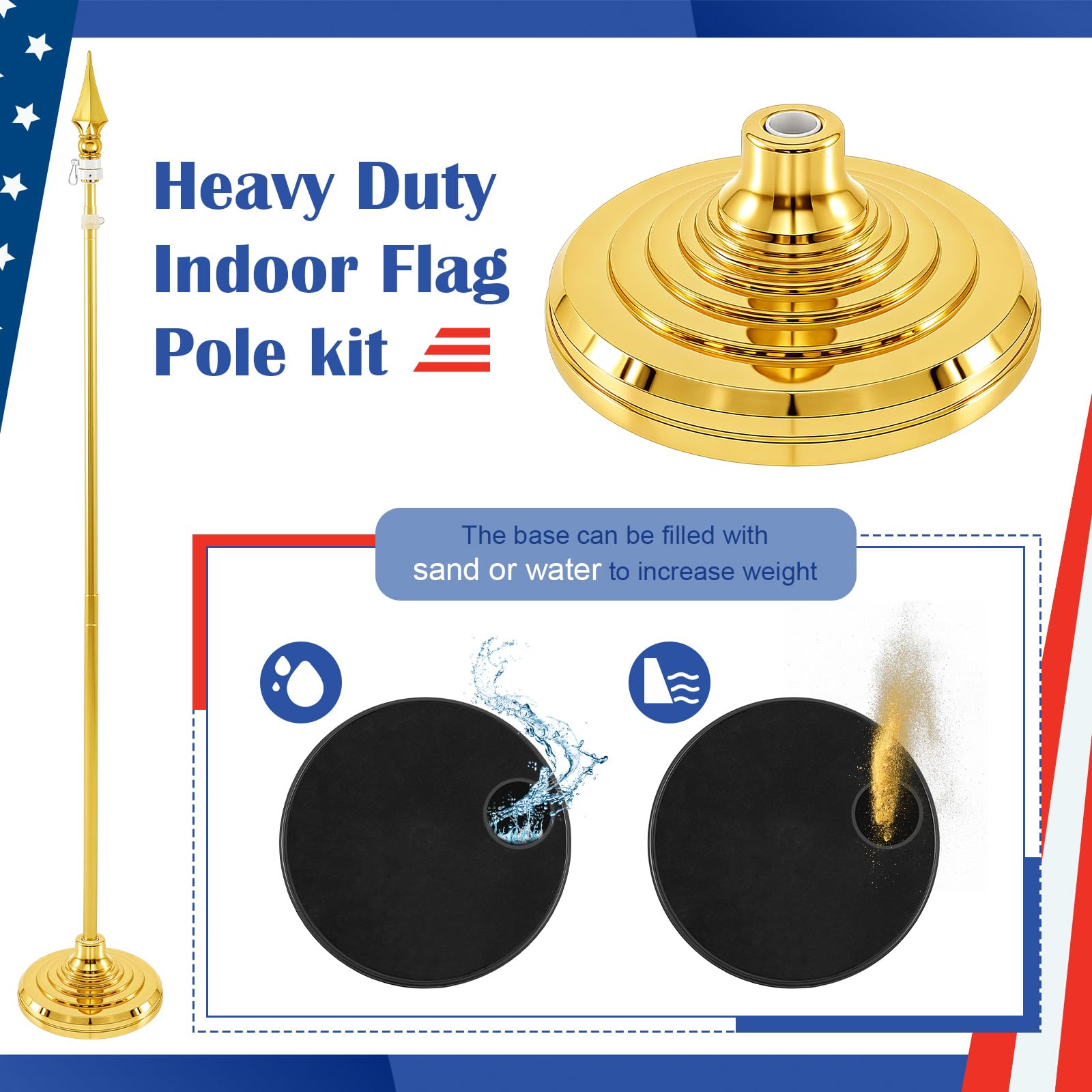 Moxweyeni Kit de mástil de bandera de interior telescópico de 3.5 a 8 pies con base de aluminio resistente dorado y soporte para oficina, escuela, ayuntamiento, no incluye cartel